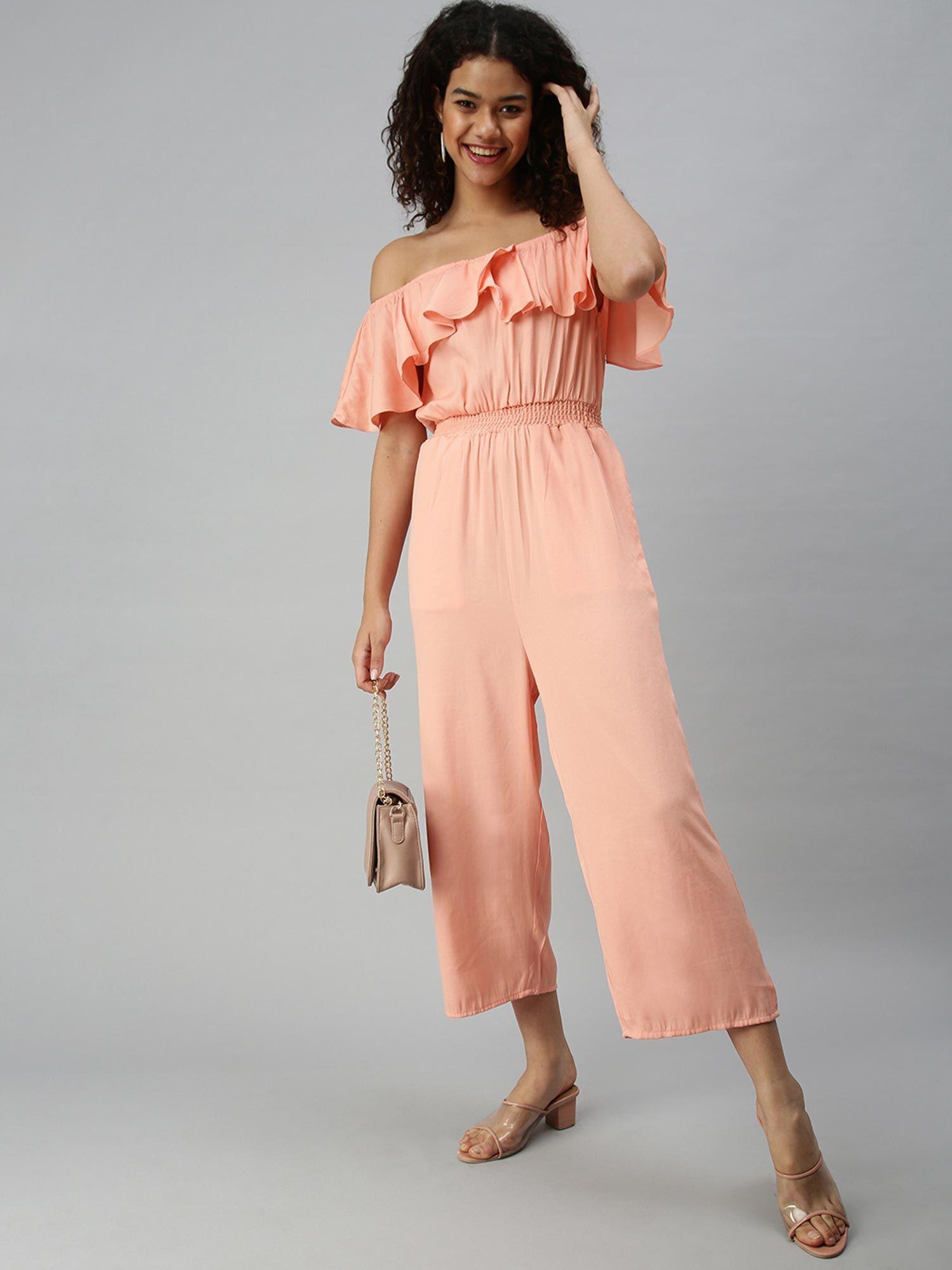 women peach solid off shoulder jumpsuit