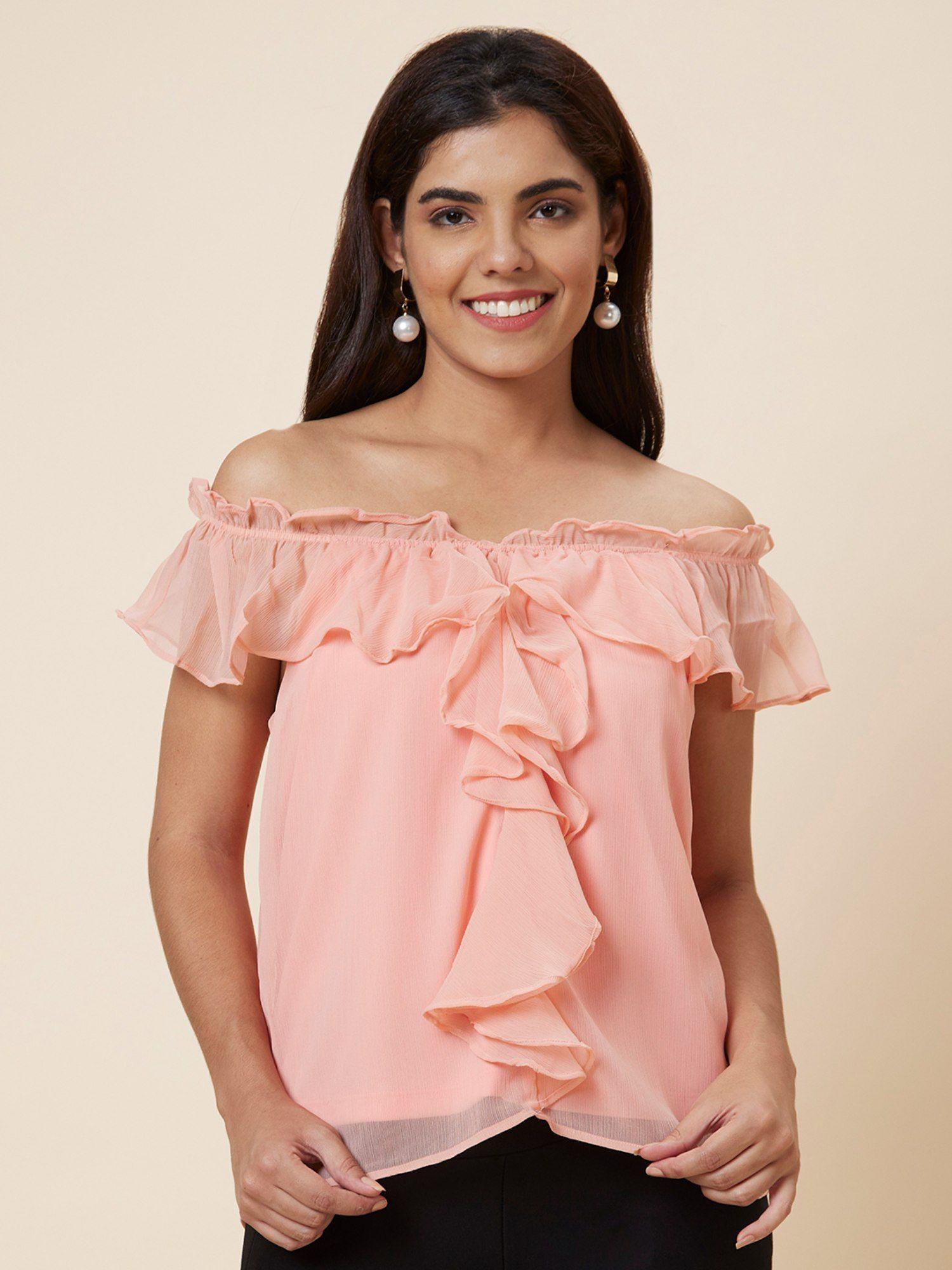 women peach solid polyester top