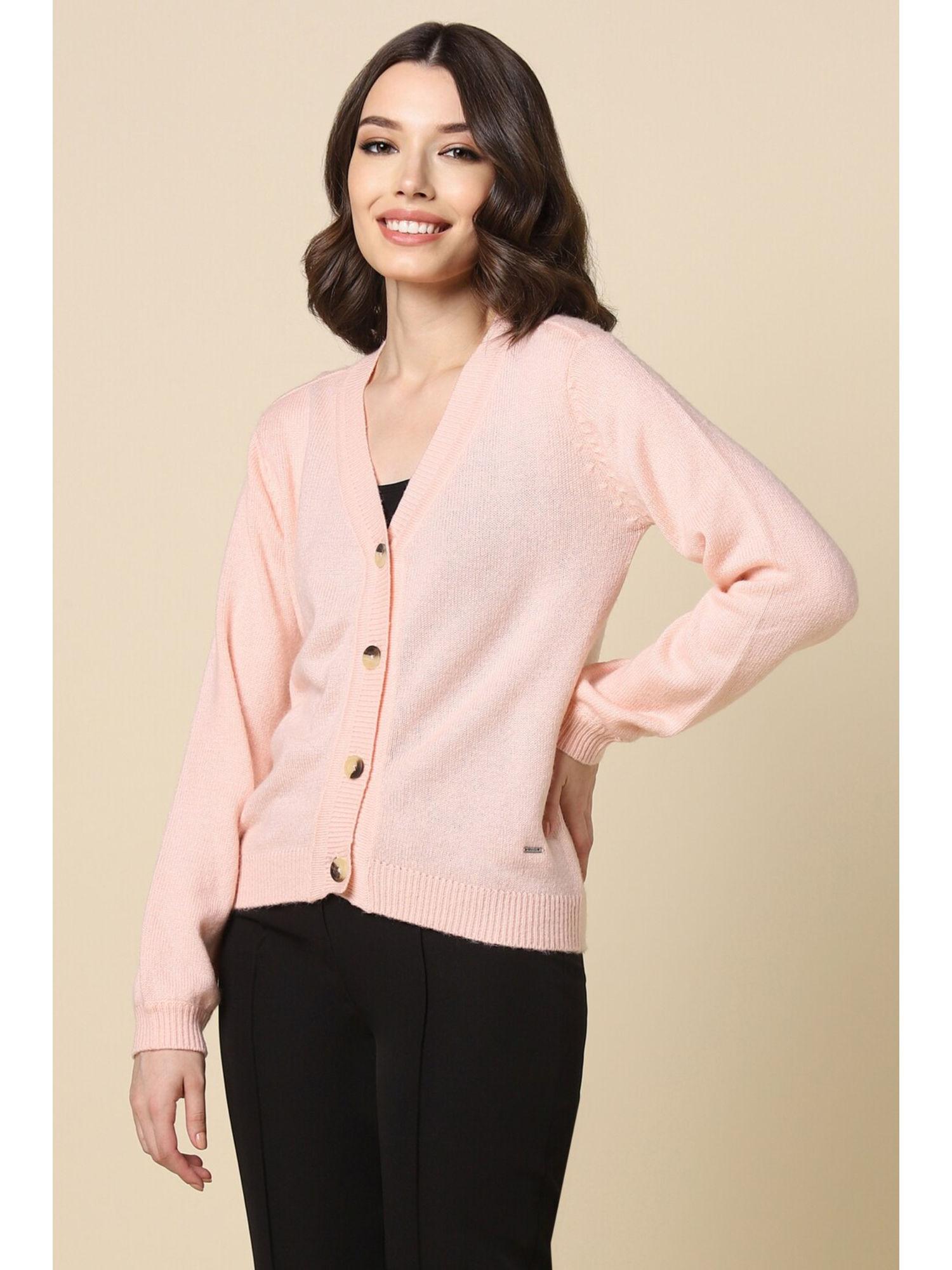 women peach solid v neck casual cardigan