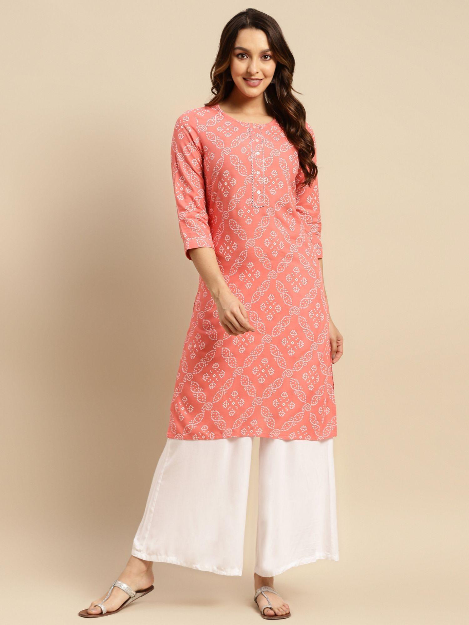 women peach tonal placket bandhani printed knee length straight kurta