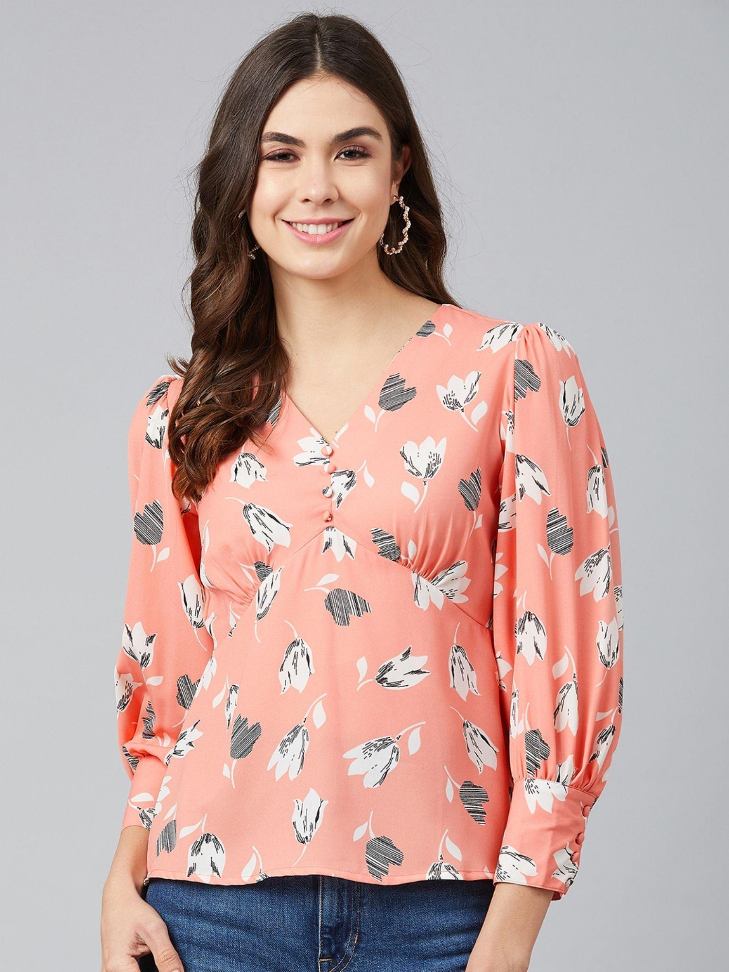 women peach v-neck floral printed top