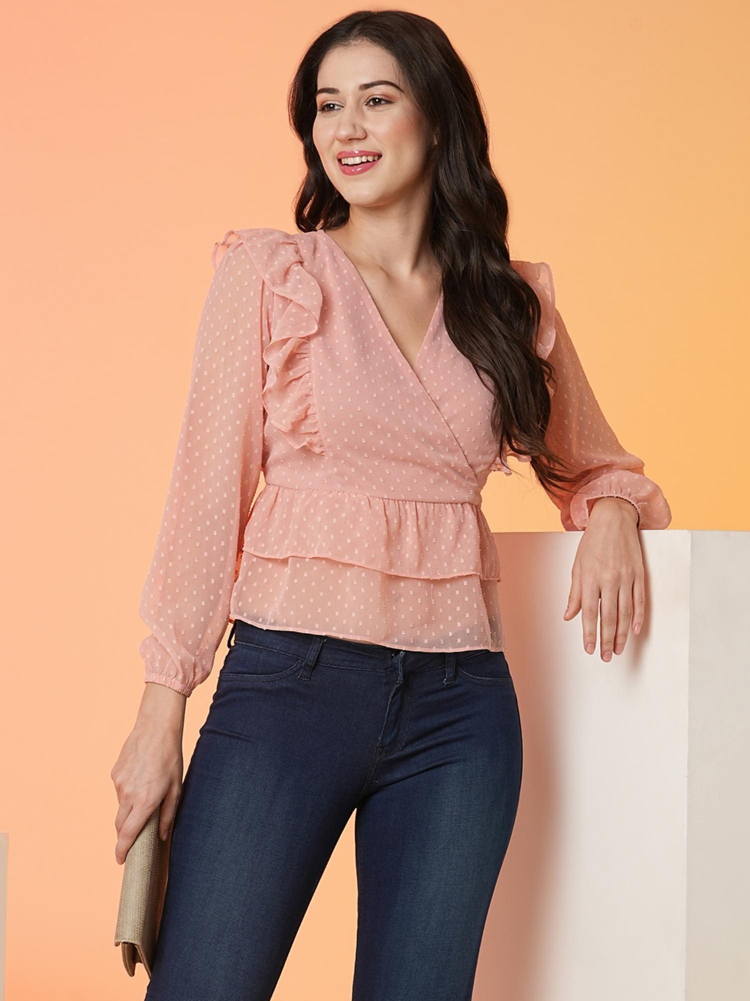 women peach v-neck full sleeves blouse