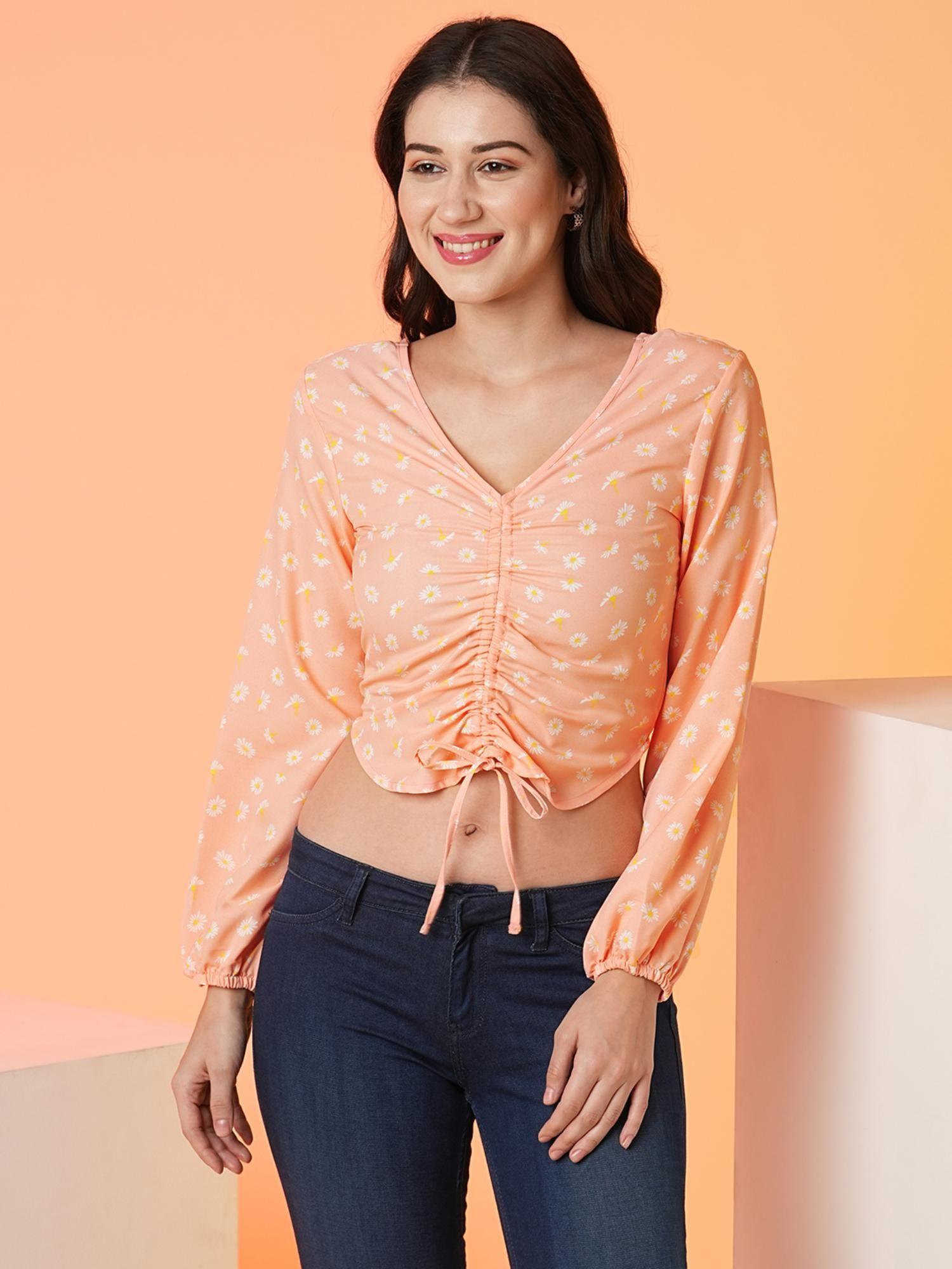 women peach v-neck full sleeves top