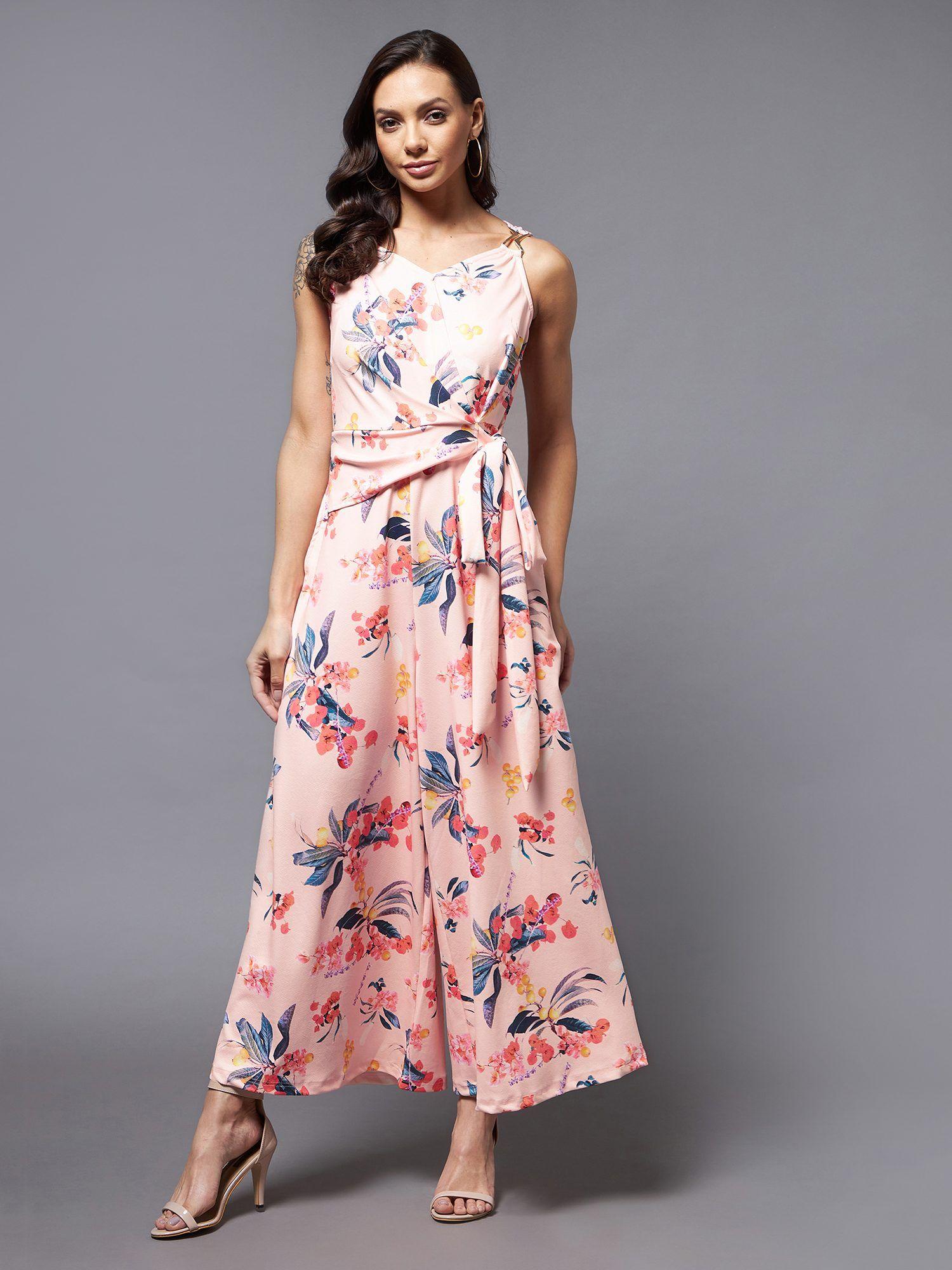 women peach v-neck sleeveless floral wide leg regular jumpsuit