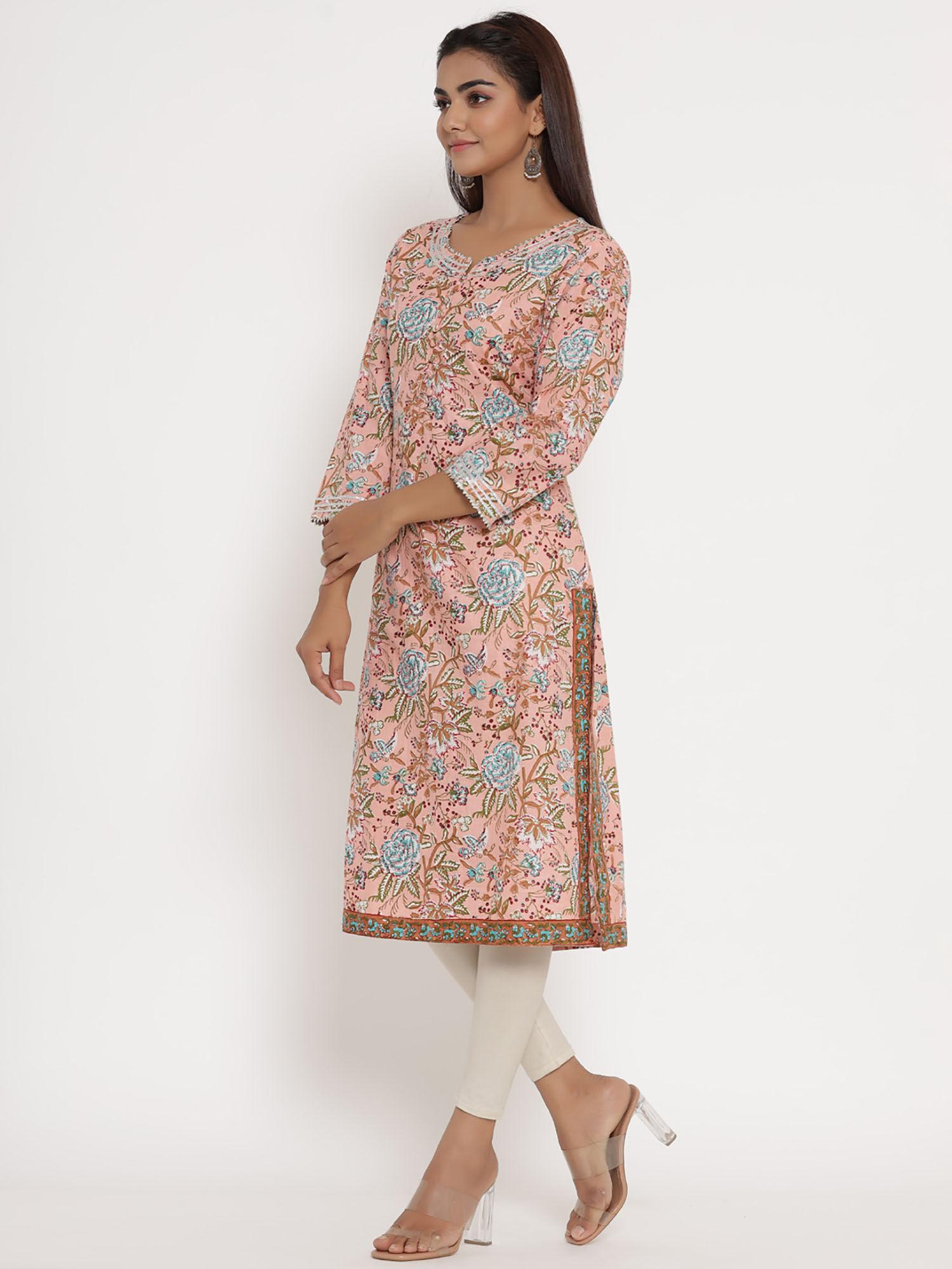 women peachcoloured floral printed straight kurta