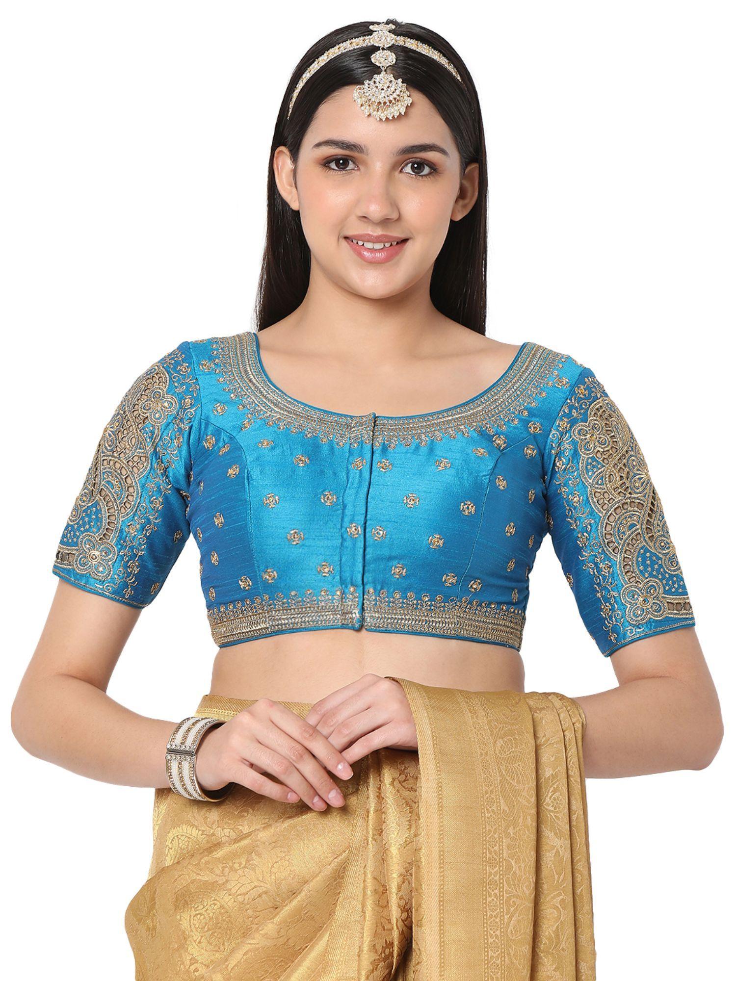 women peacock blue silk blend embroidered readymade saree blouse