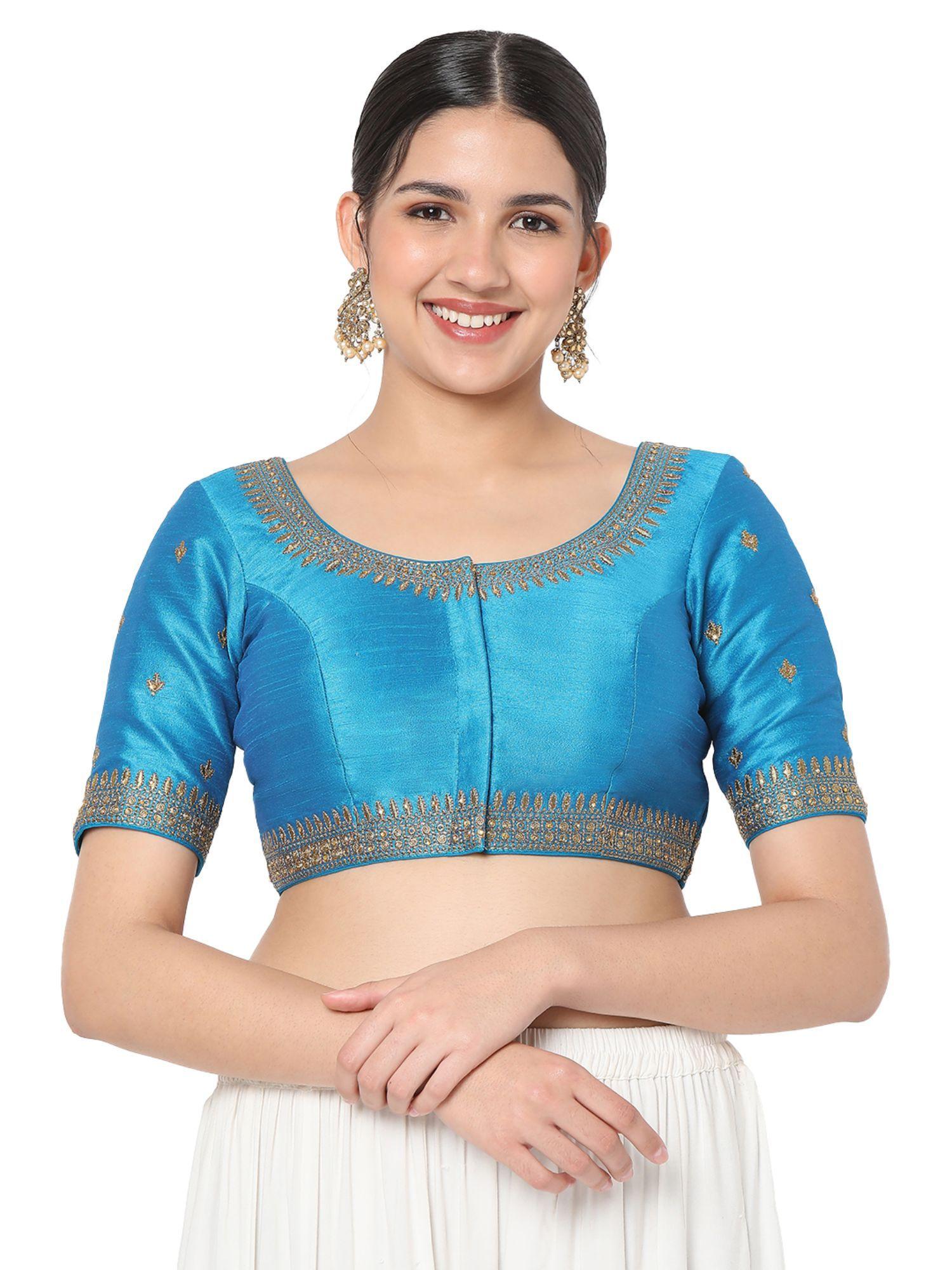 women peacock blue silk blend embroidered readymade saree blouse