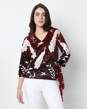 women peacock print relaxed fit wrap top