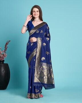 women peacock woven saree with contrast border