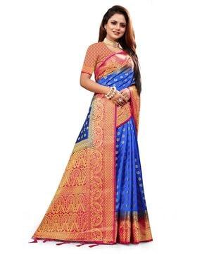 women peacock woven saree with tassels