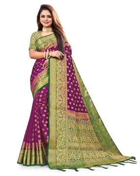 women peacock woven saree with tassels