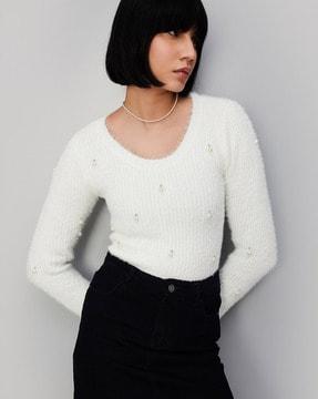 women pearl embellished sweater