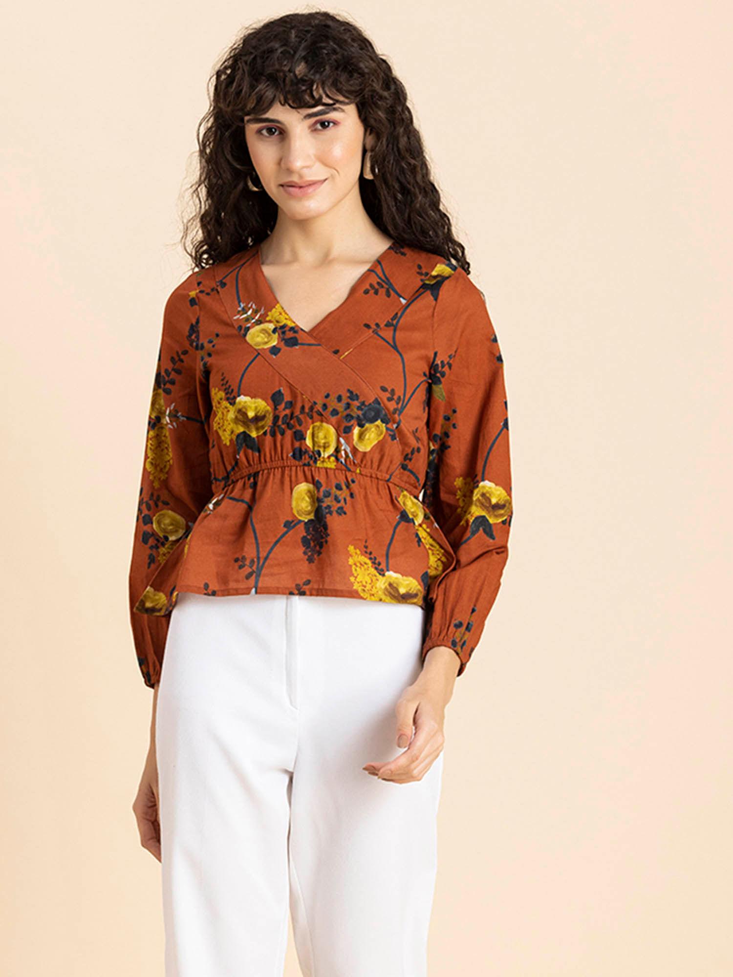 women peplum fit cotton floral brown top