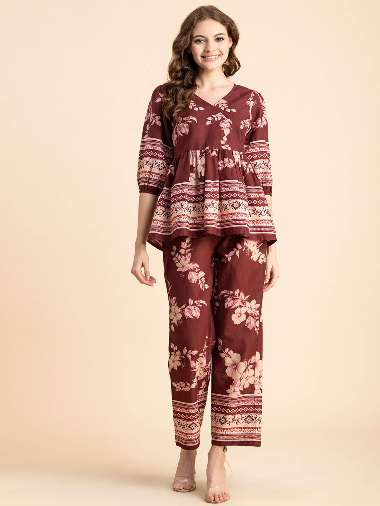 women peplum fit cotton floral maroon co-ord (set of 2)