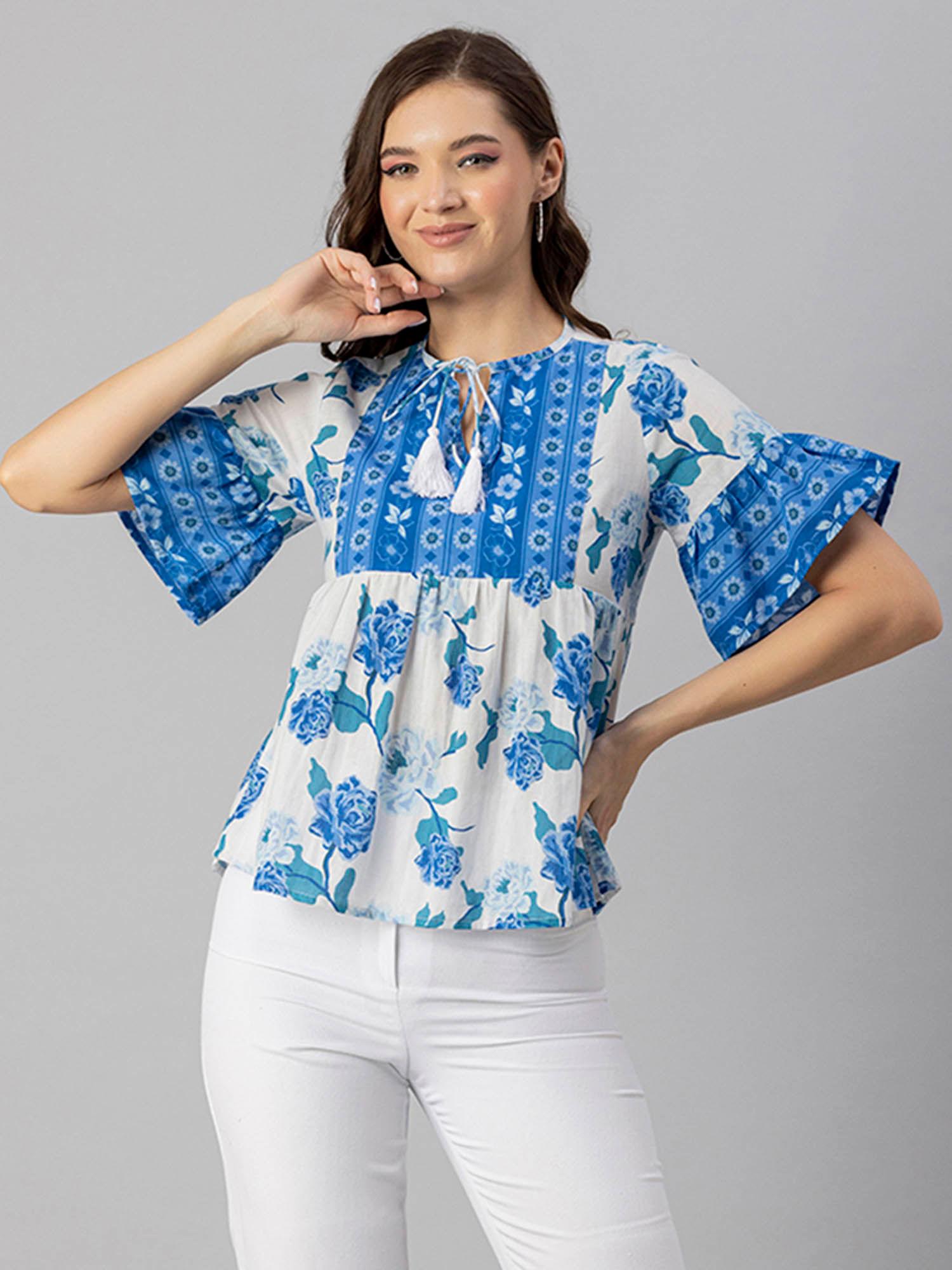 women peplum fit cotton floral white top