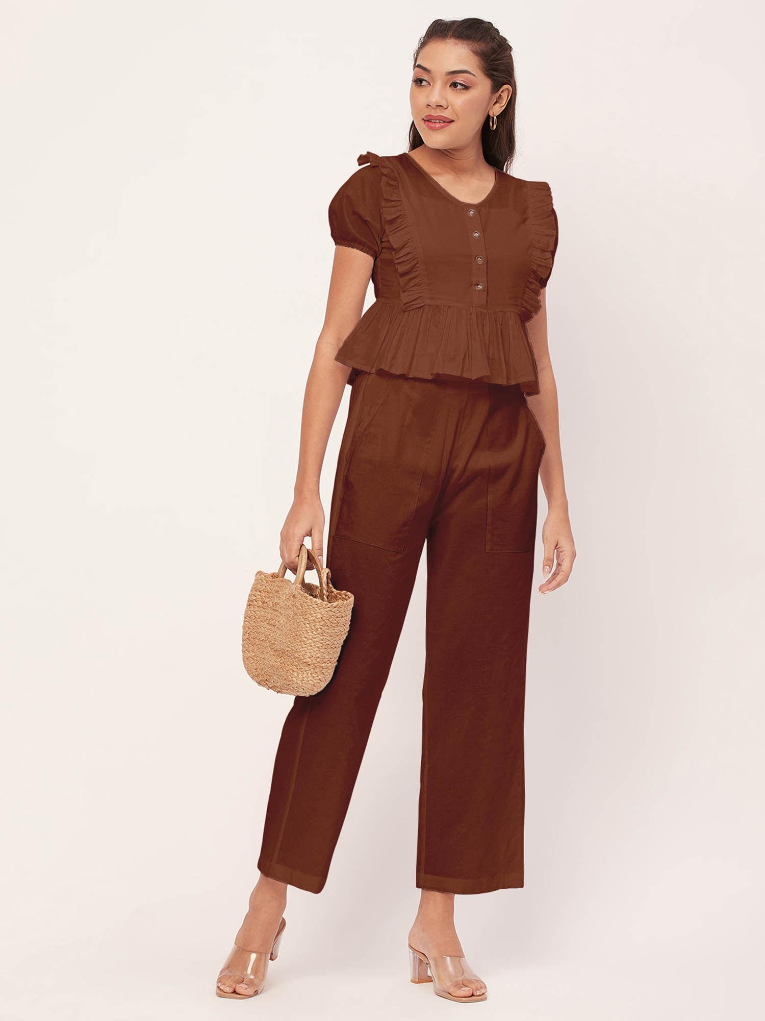 women peplum fit cotton solid brown co-ord (set of 2)