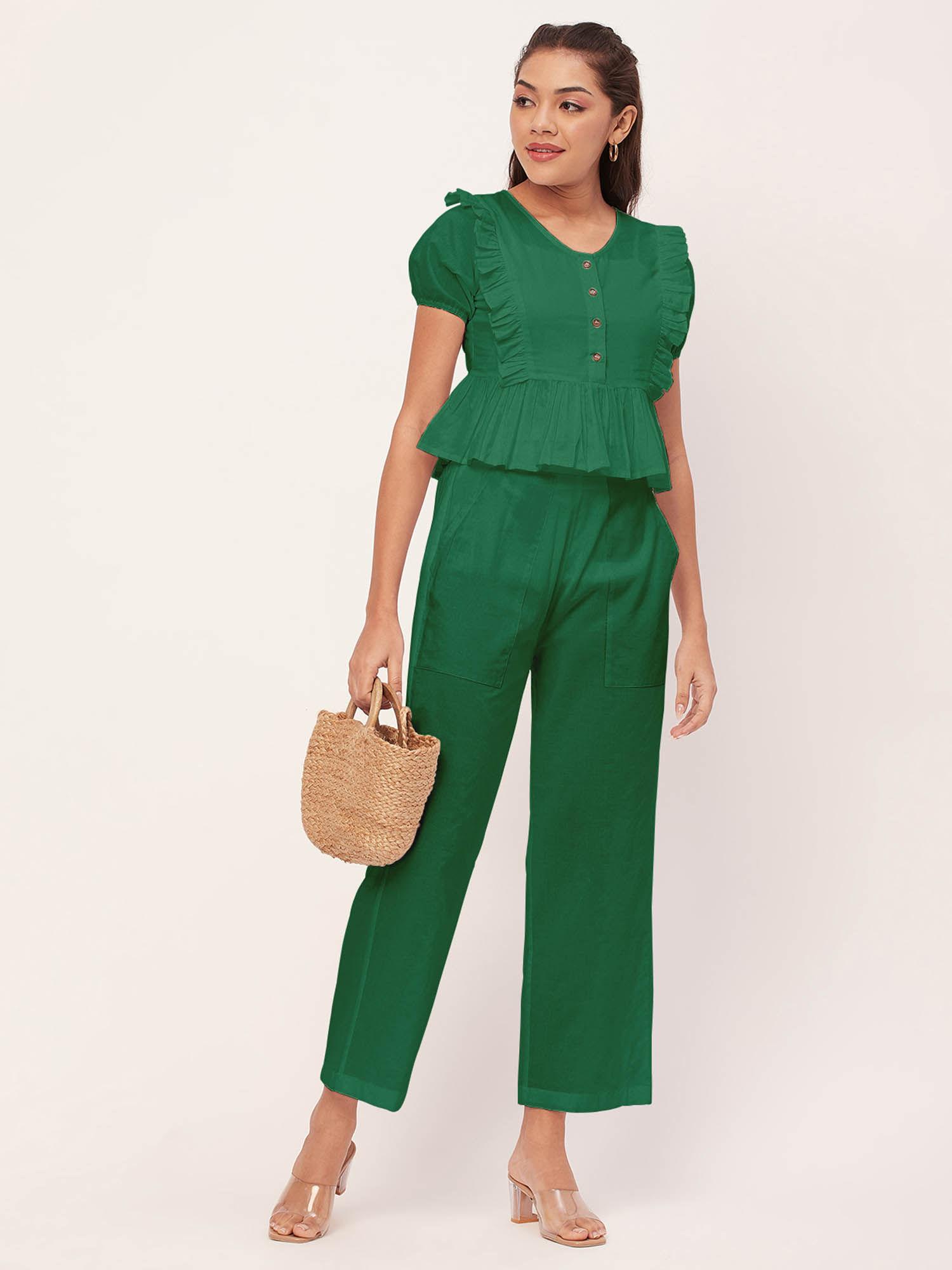 women peplum fit cotton solid green co-ord (set of 2)