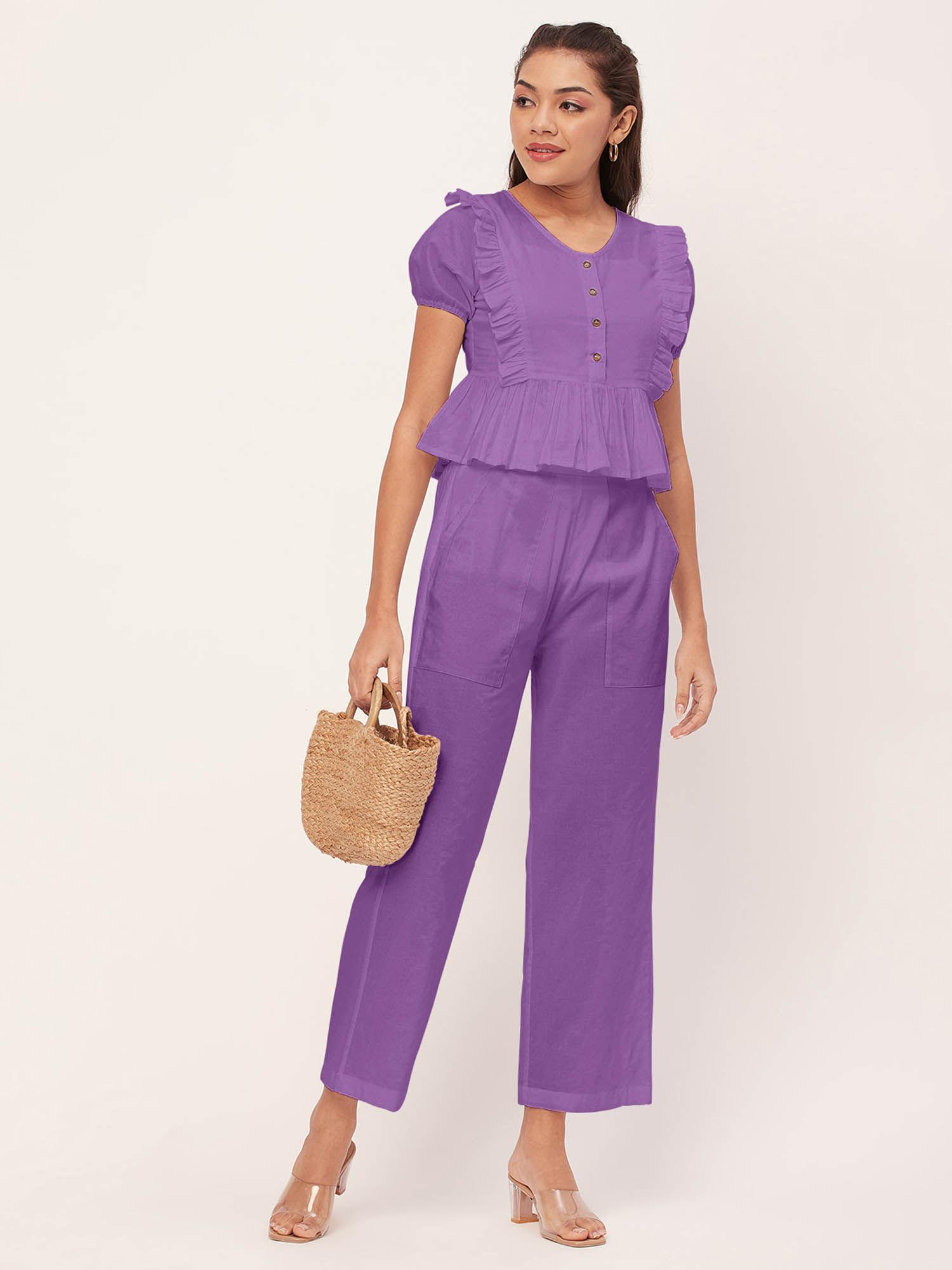 women peplum fit cotton solid purple co-ord (set of 2)