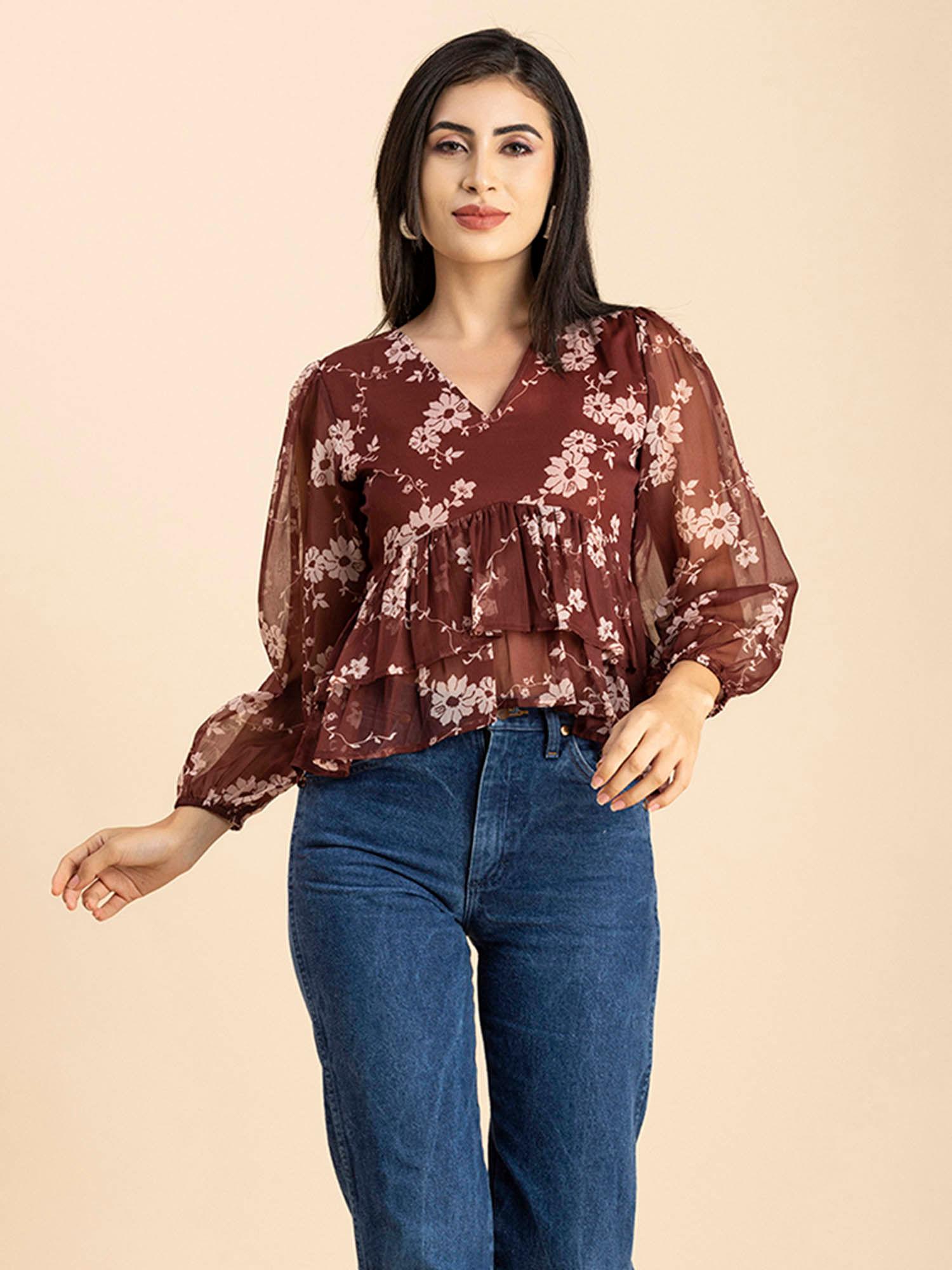 women peplum fit polyester floral maroon top