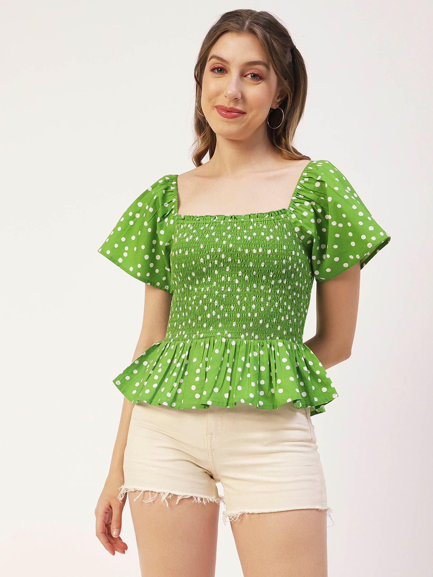 women peplum fit poplin polka dots green top