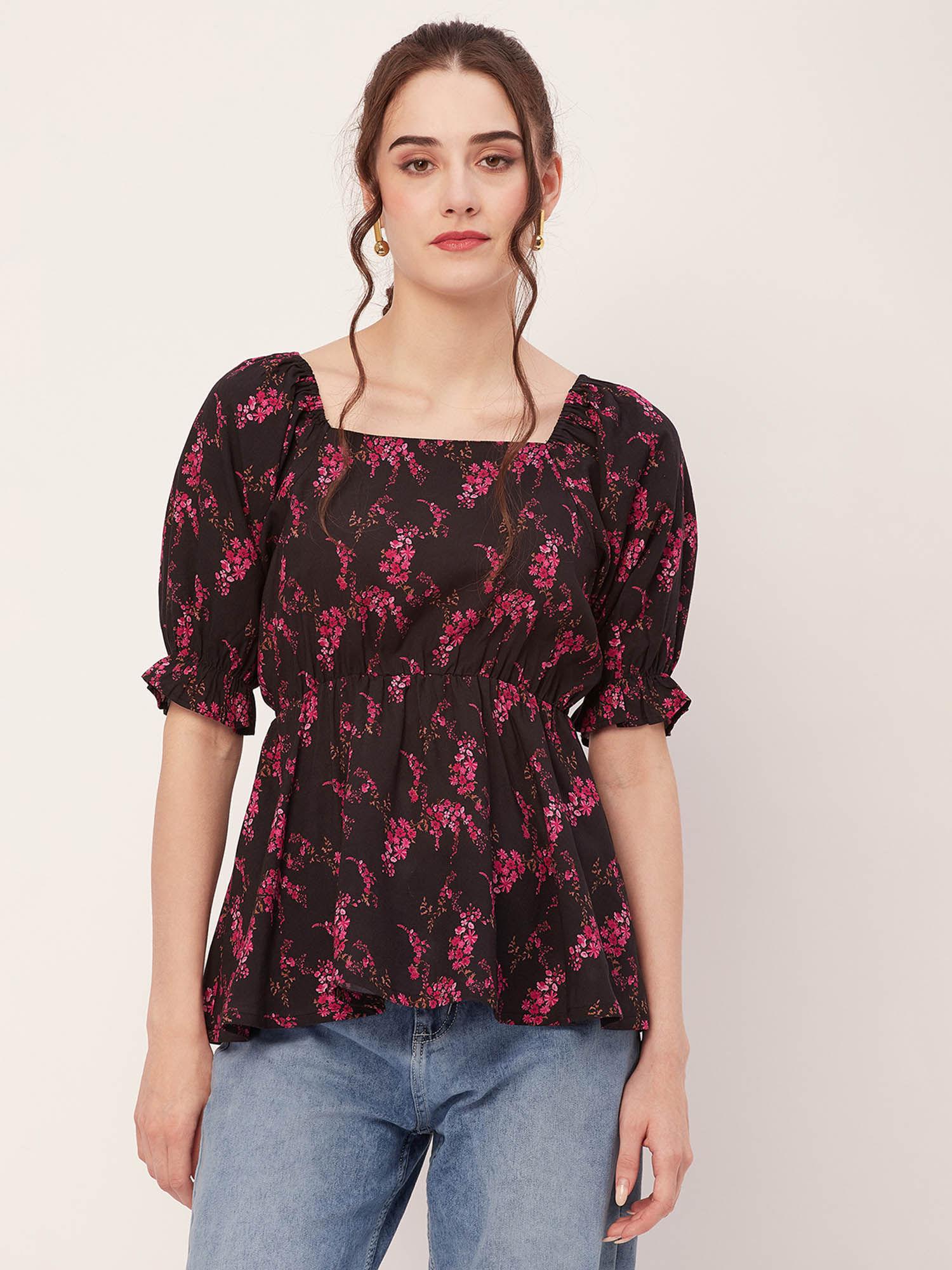 women peplum fit rayon floral black top