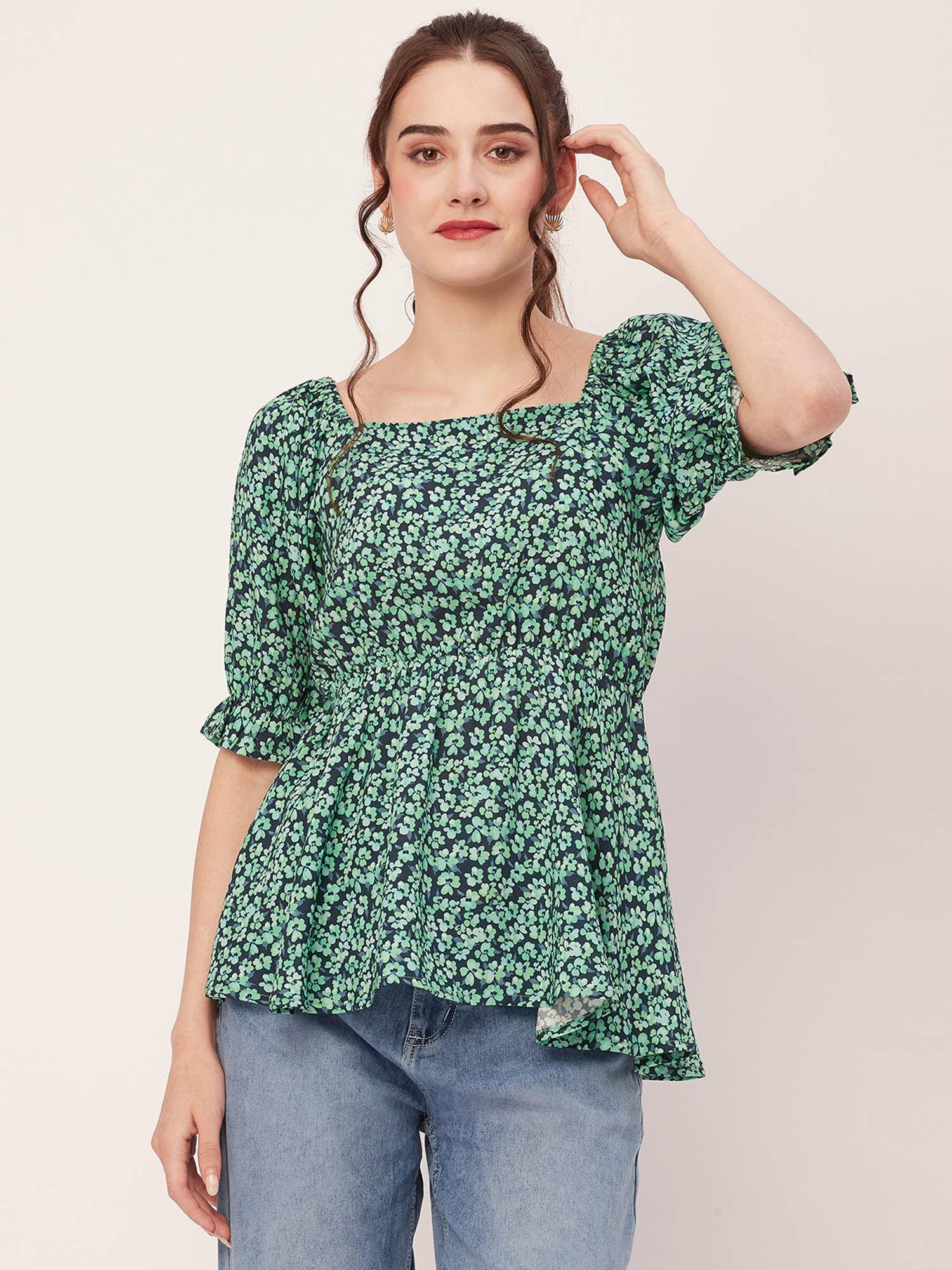 women peplum fit rayon floral green top