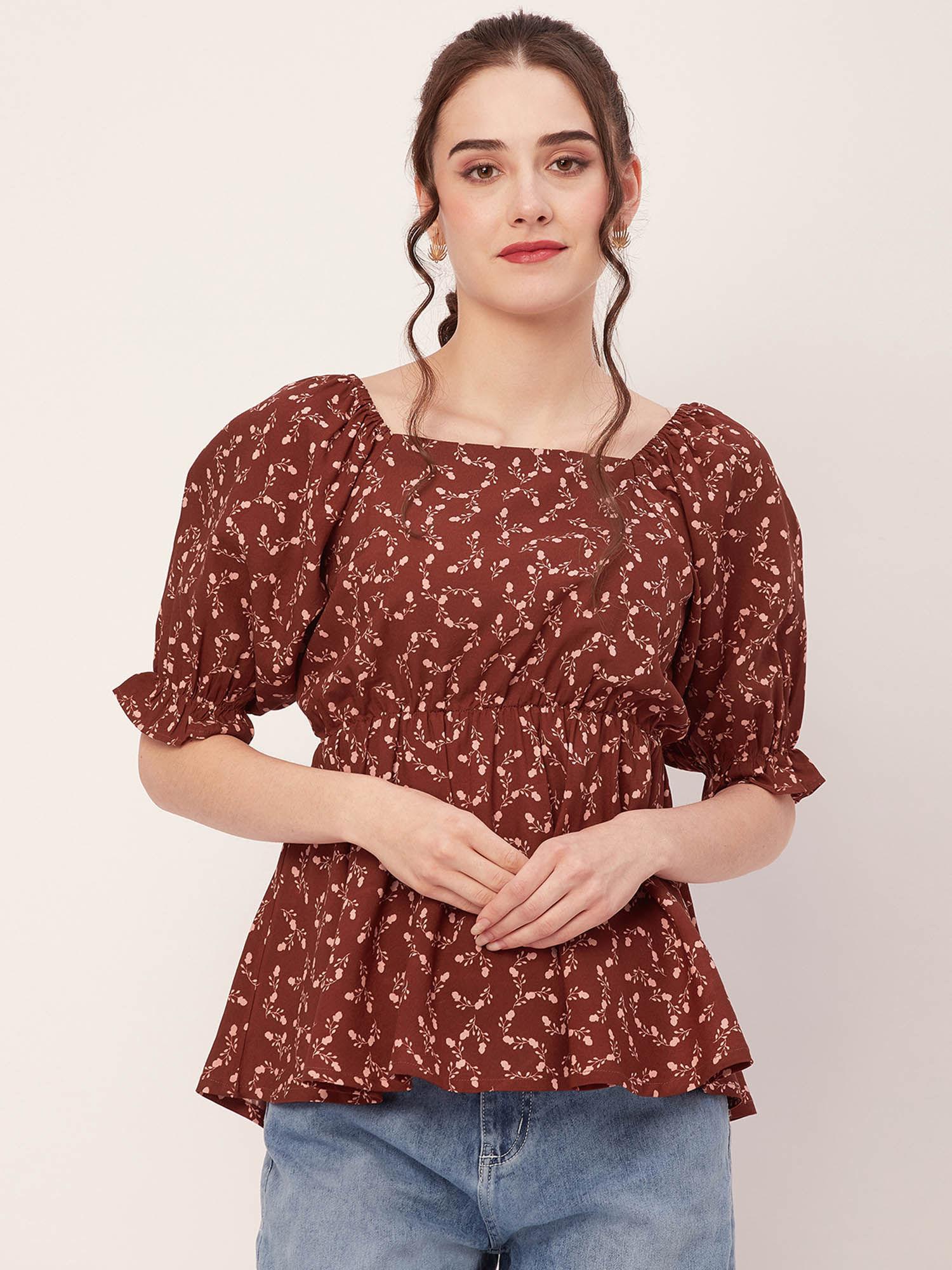 women peplum fit rayon floral maroon top