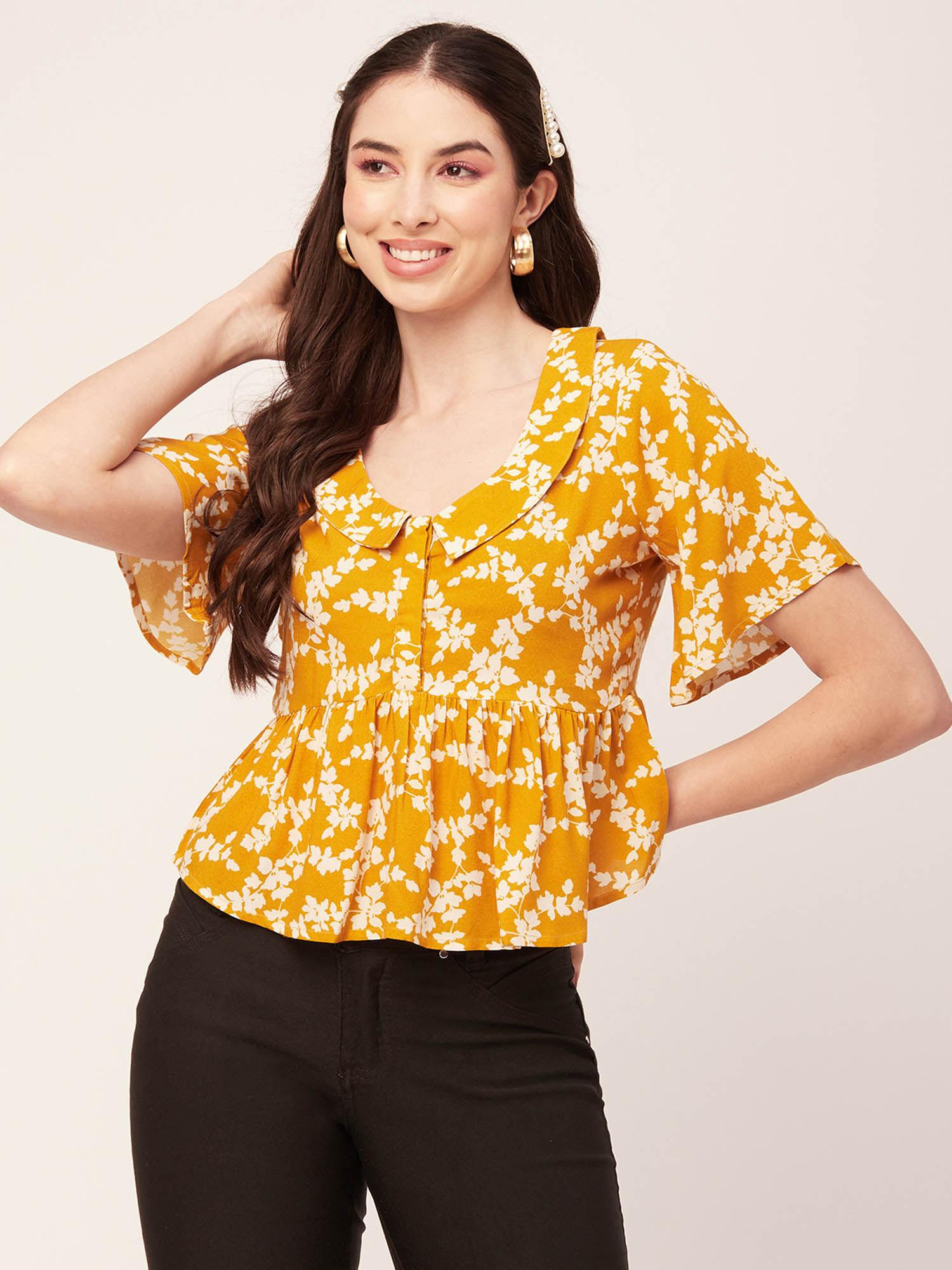 women peplum fit rayon floral mustard top