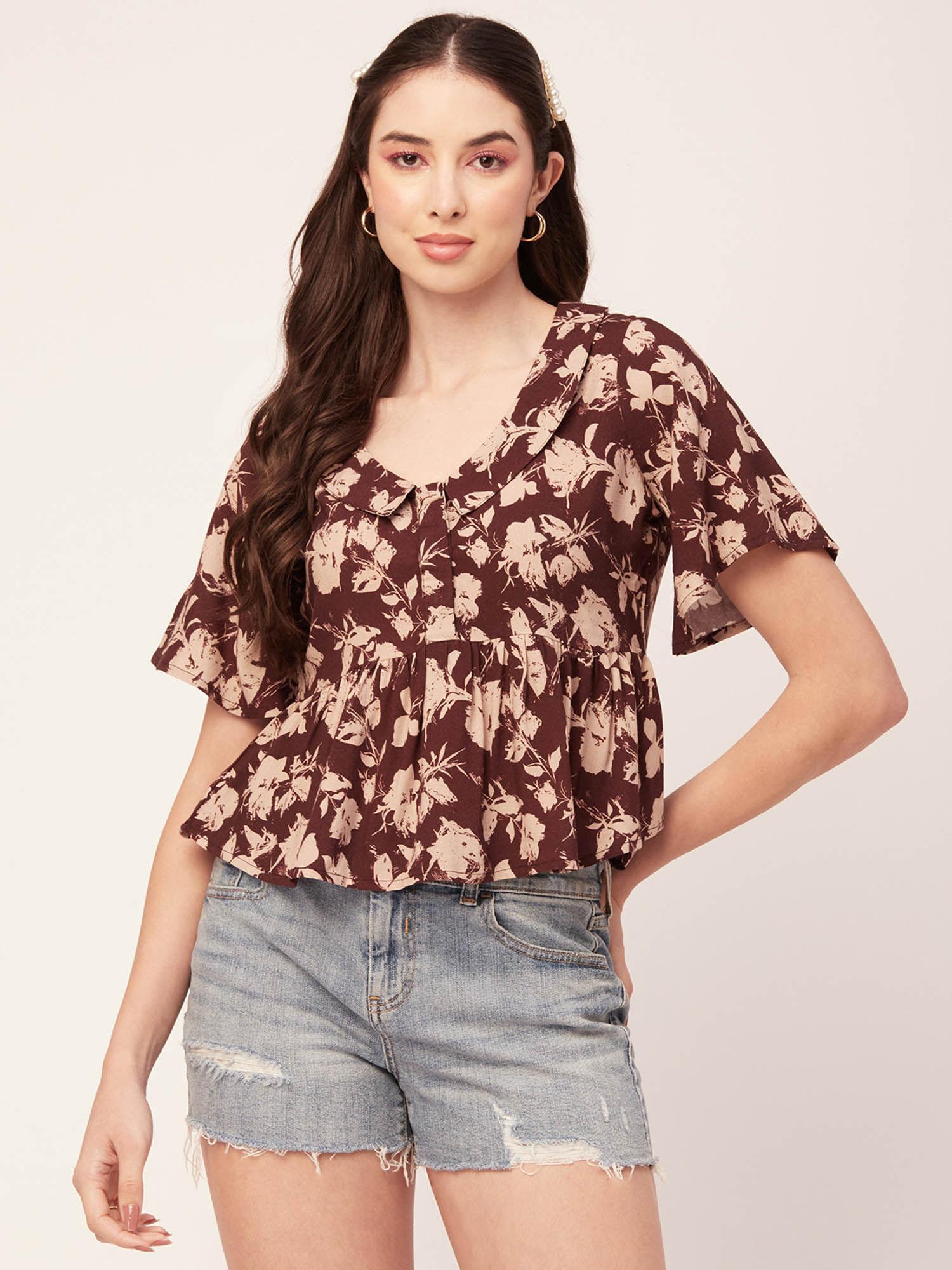 women peplum fit rayon floral wine top