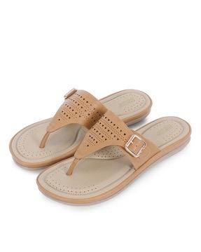 women perforated t-strap flip-flops