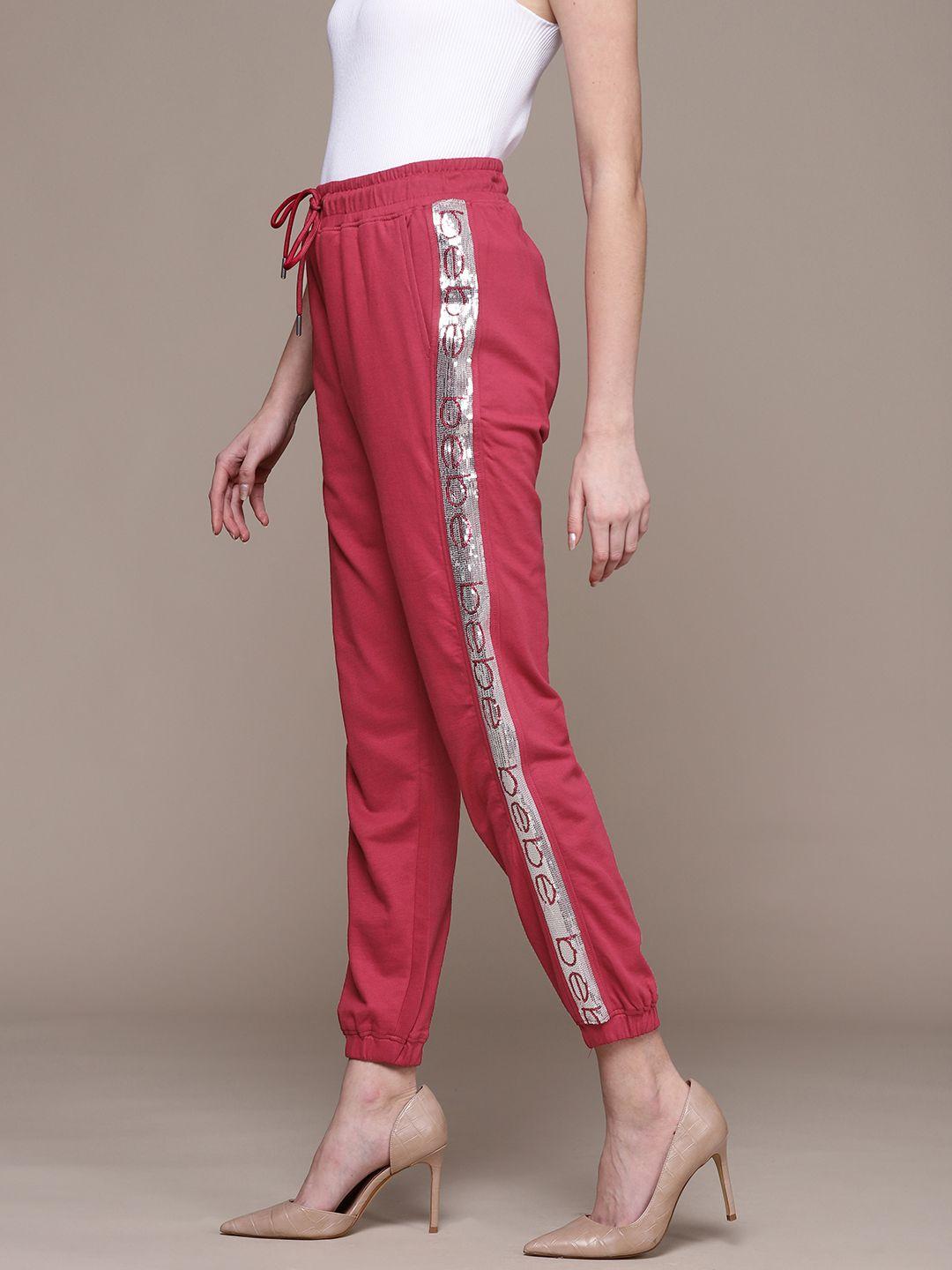 women persian red lounge side stripe printed pure cotton regular joggers