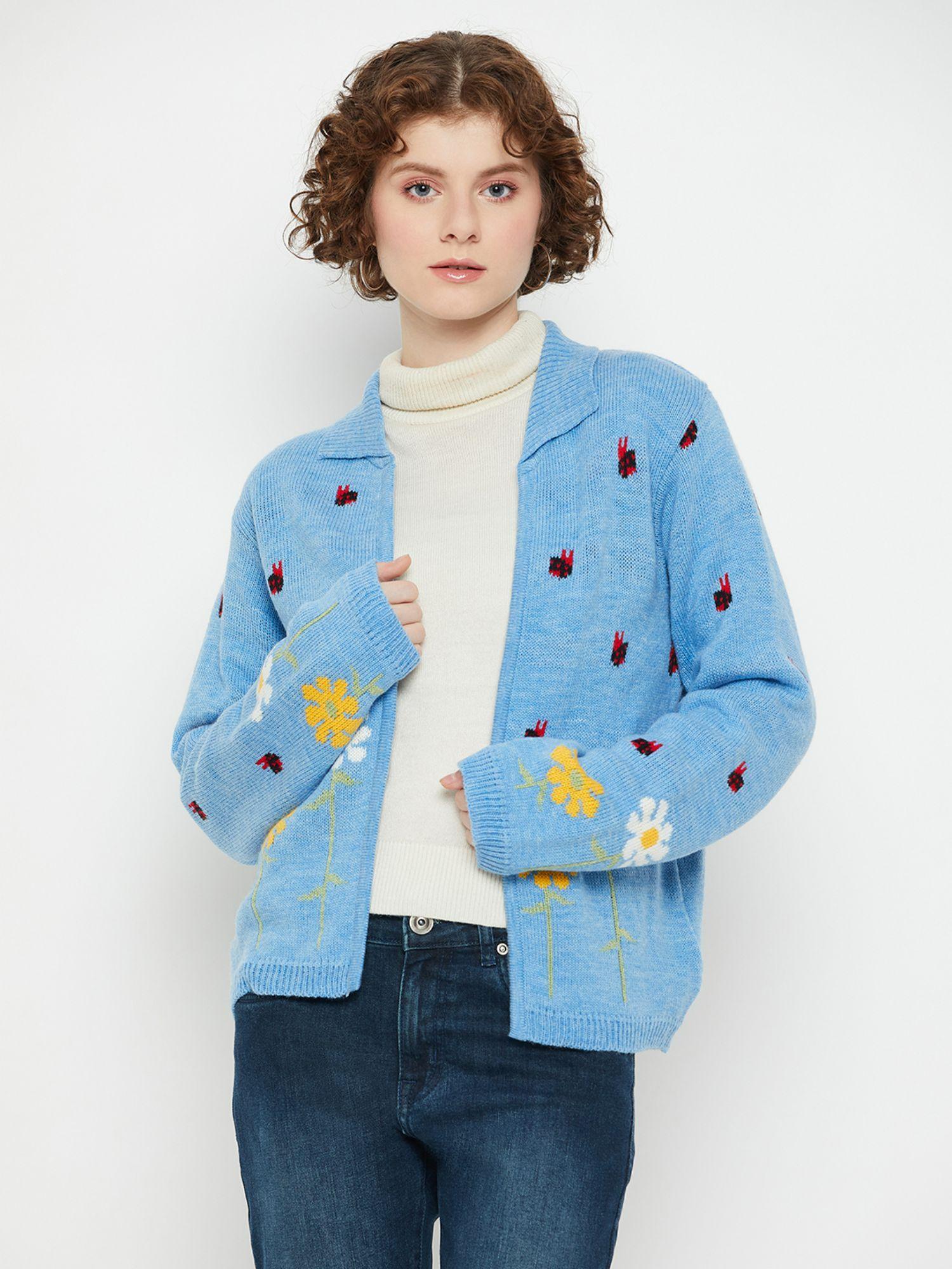 women peter pan collar full sleeves quirky cardigan