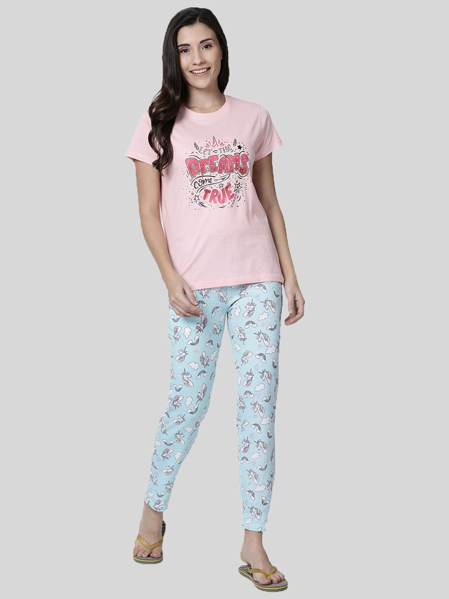 women pink & aqua printed cotton night suit (set of 2)