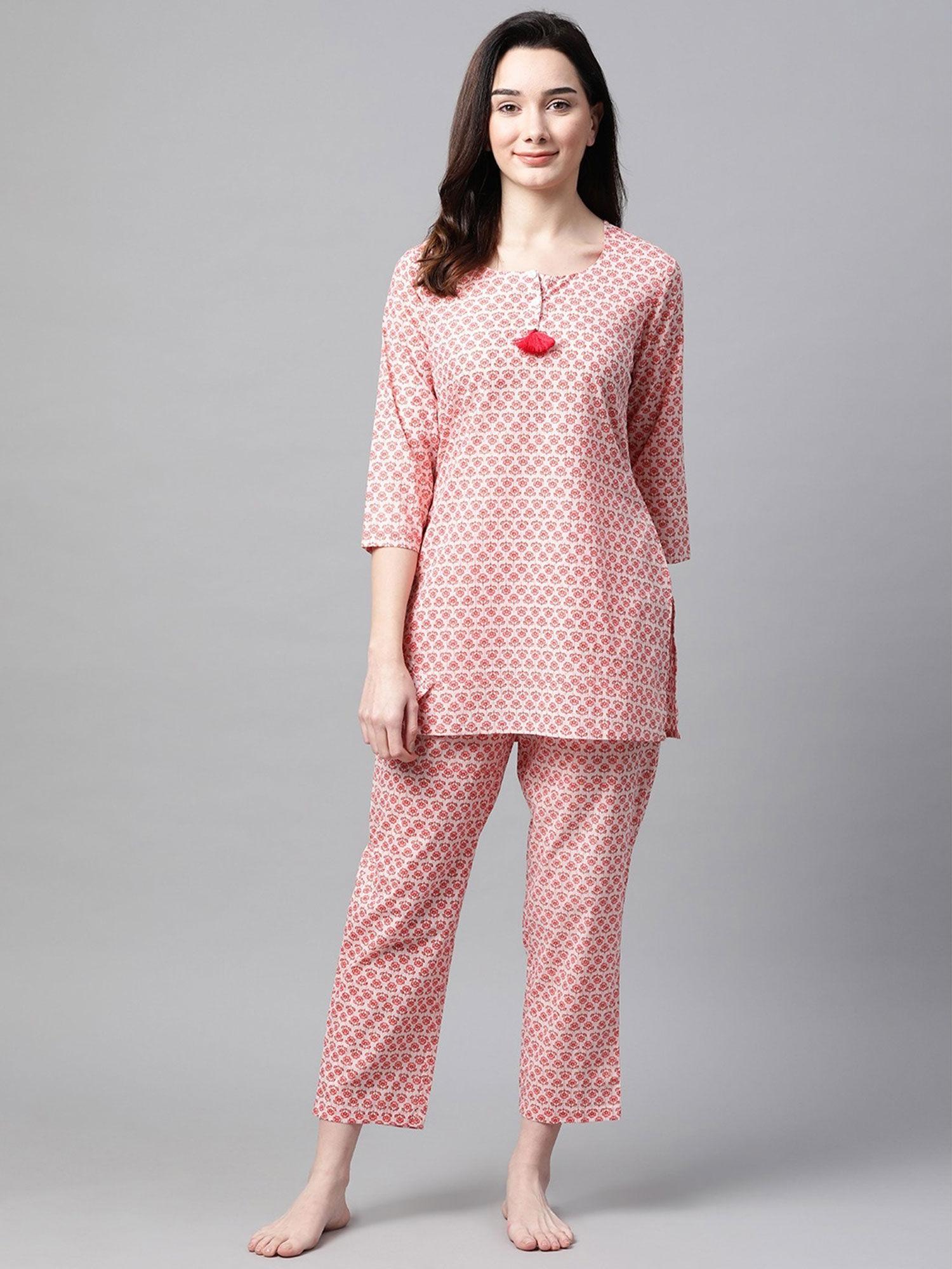 women pink & beige floral print cotton pyjama set