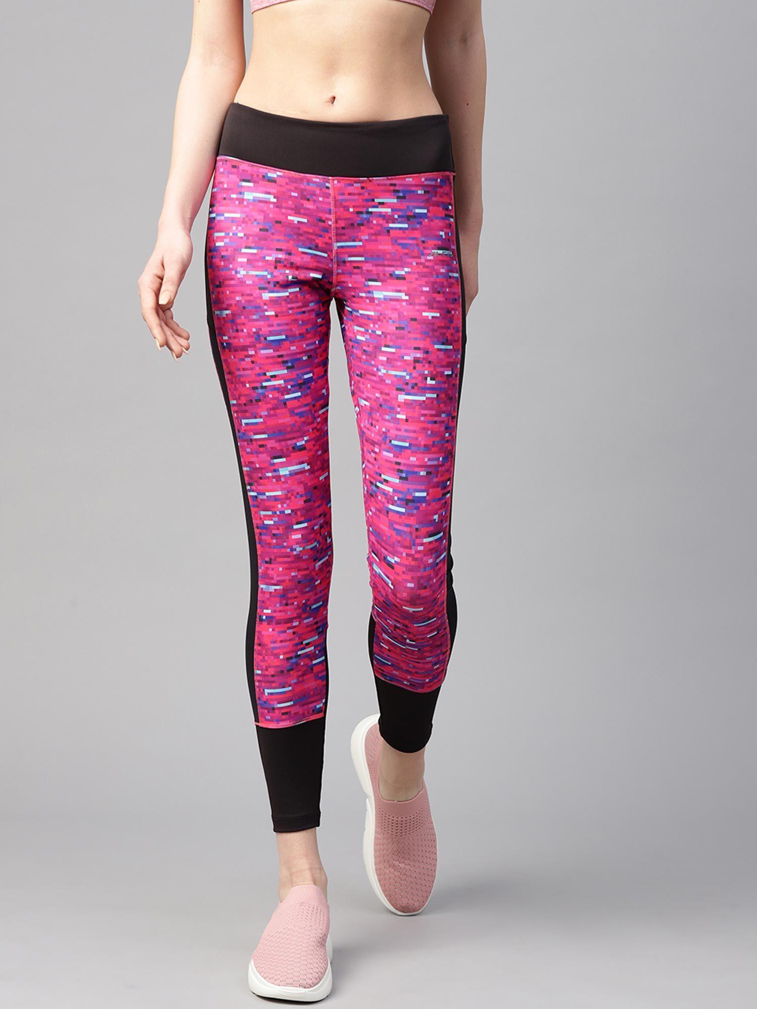 women pink & black abstract print tights