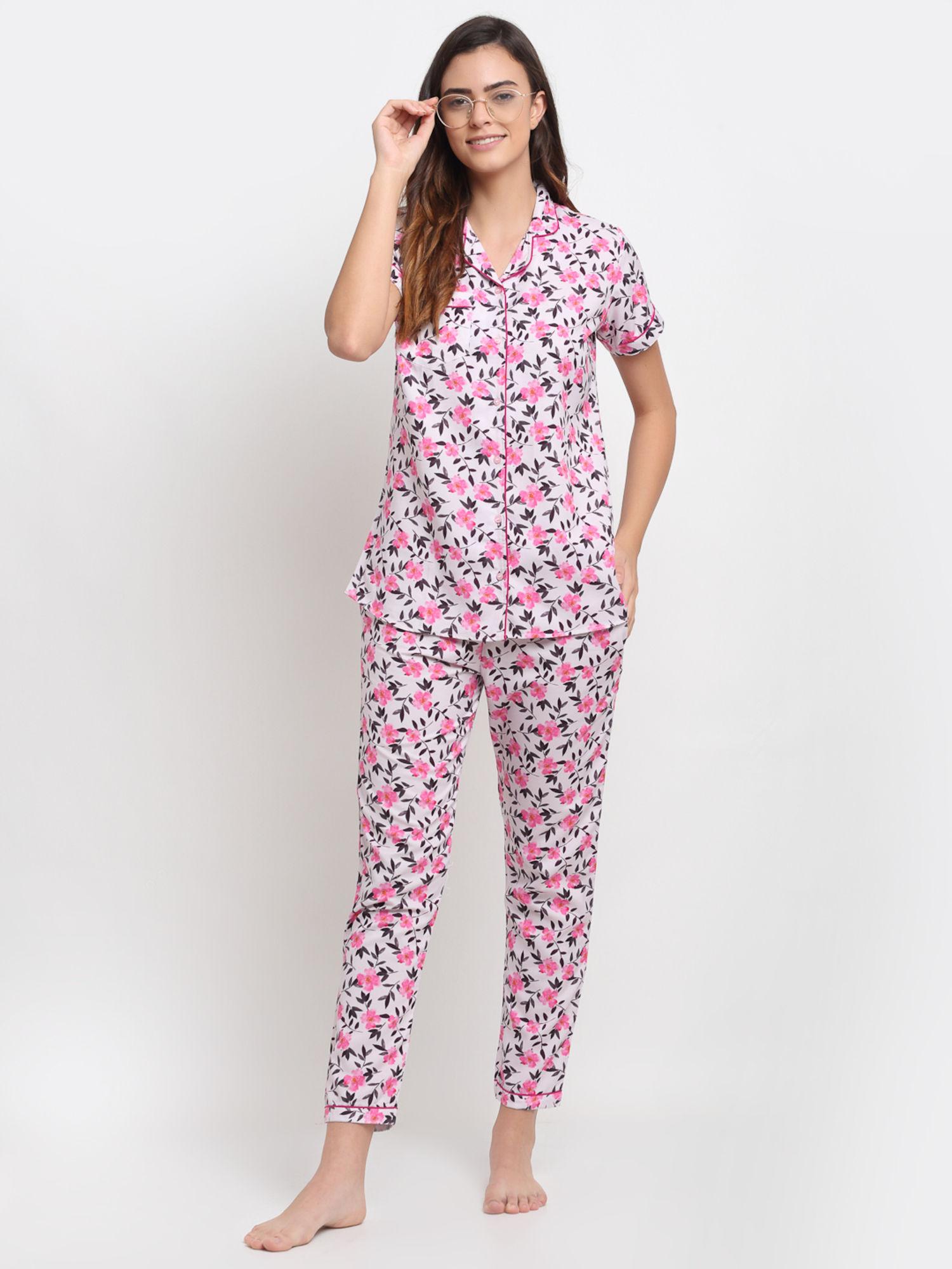 women pink & charcoal grey printed printed pyjamas set