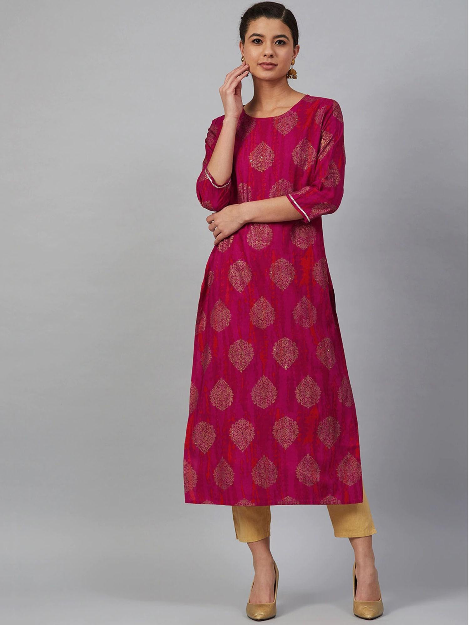 women pink & golden printed straight dyed kurta