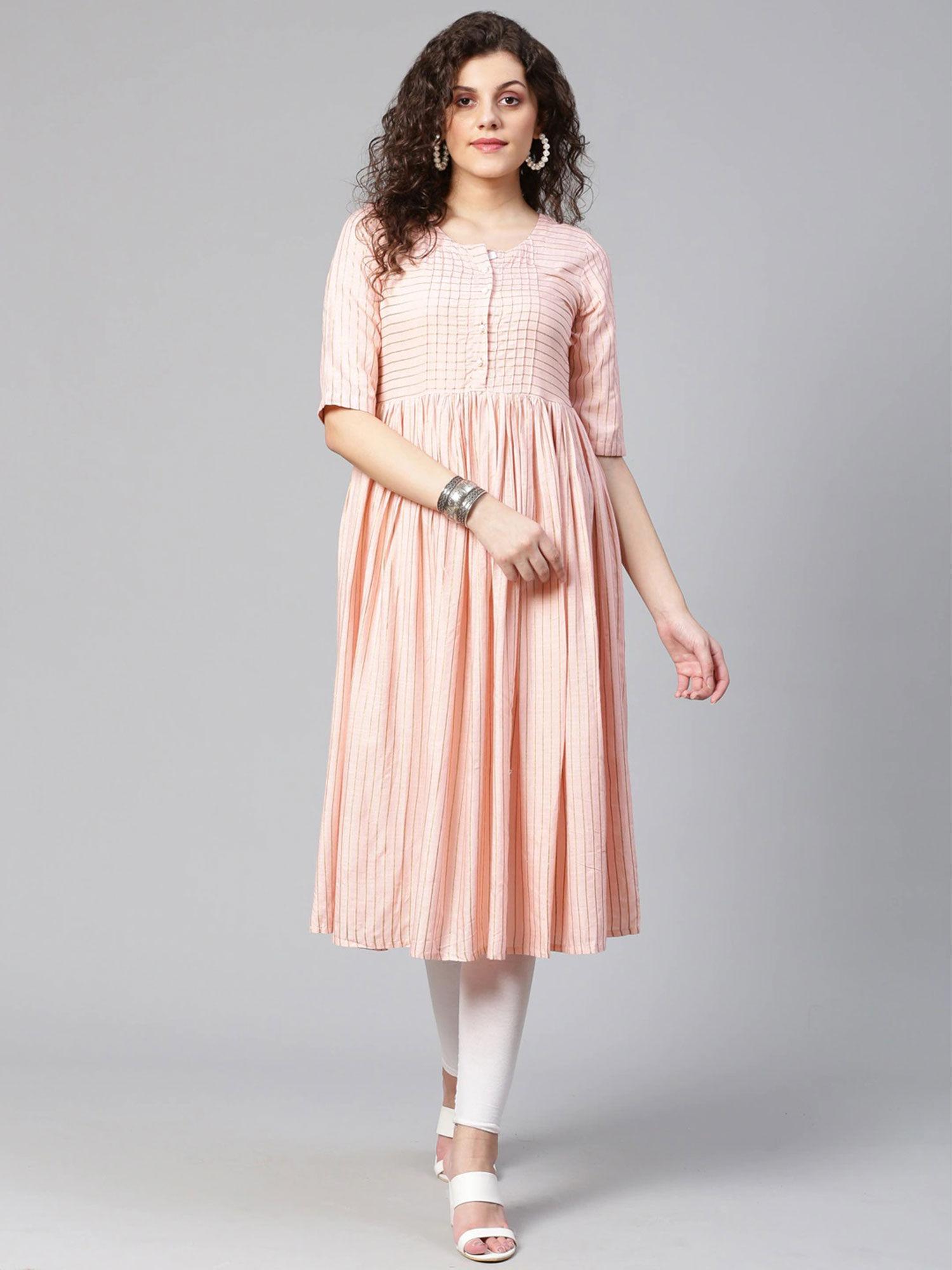 women pink & golden striped anarkali kurta