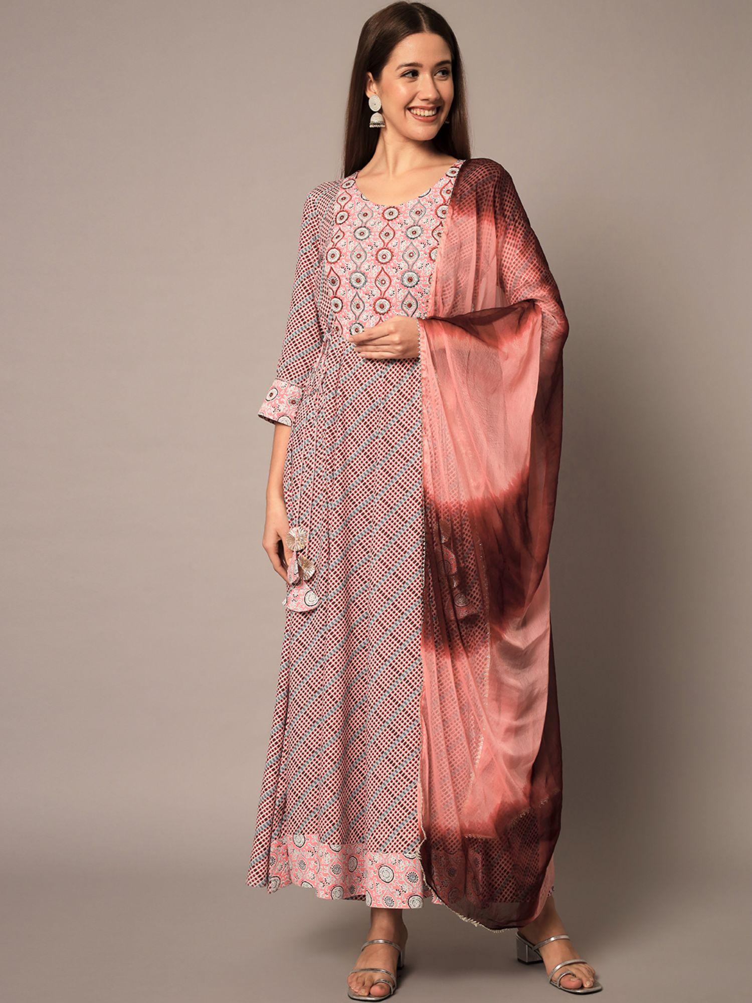 women pink & grey checked printed anarkali kurta trouser with dupatta (set of 3)