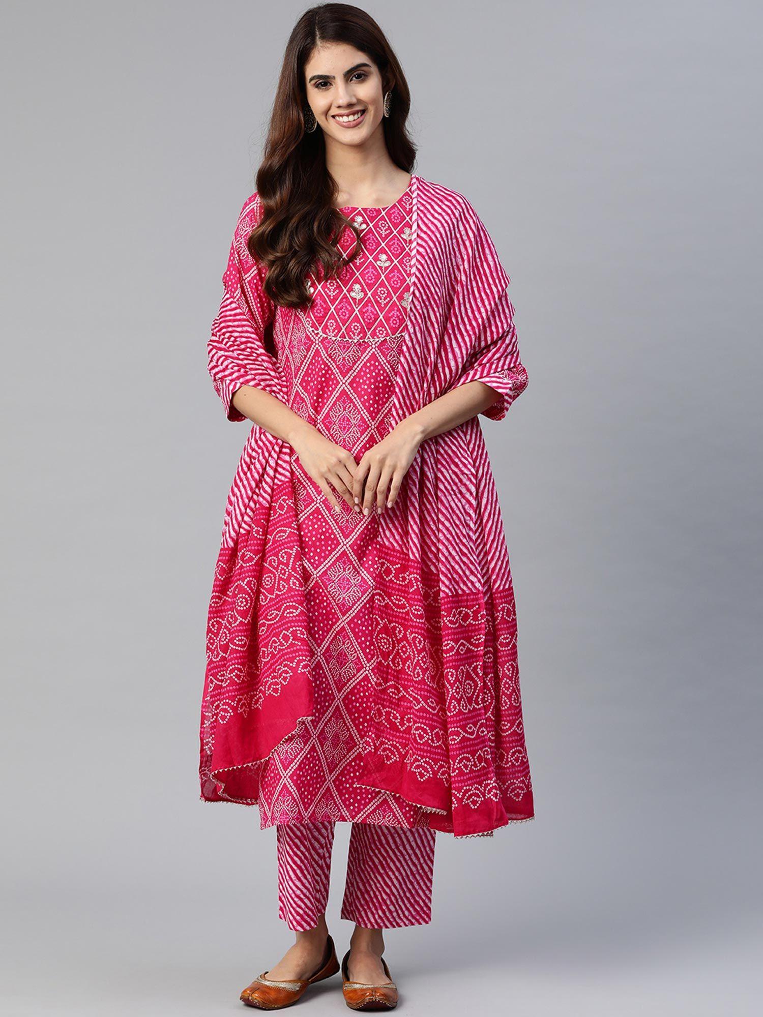 women pink & off white printed kurta with trousers and dupatta (set of 3)