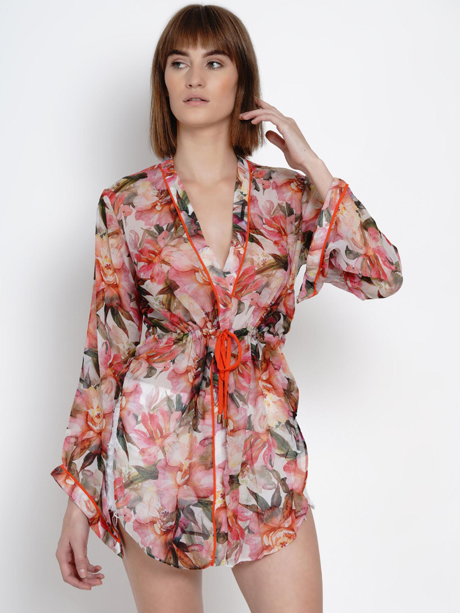 women pink & off-white printed mini robe