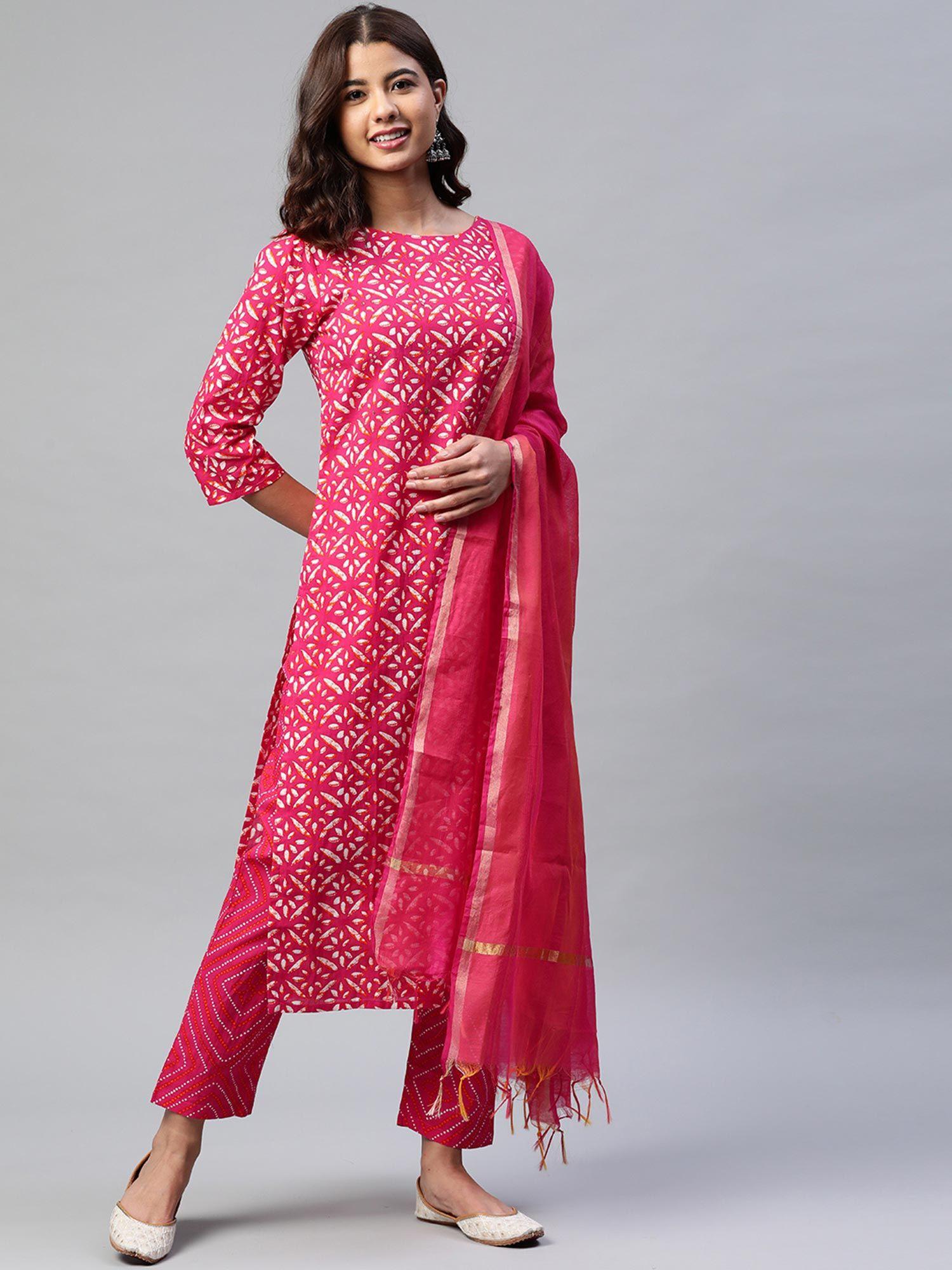 women pink & orange printed kurta with trousers and dupatta (set of 3)