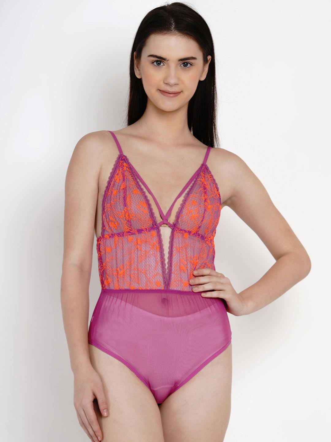 women pink & orange sheer net embroidered detail bodysuit