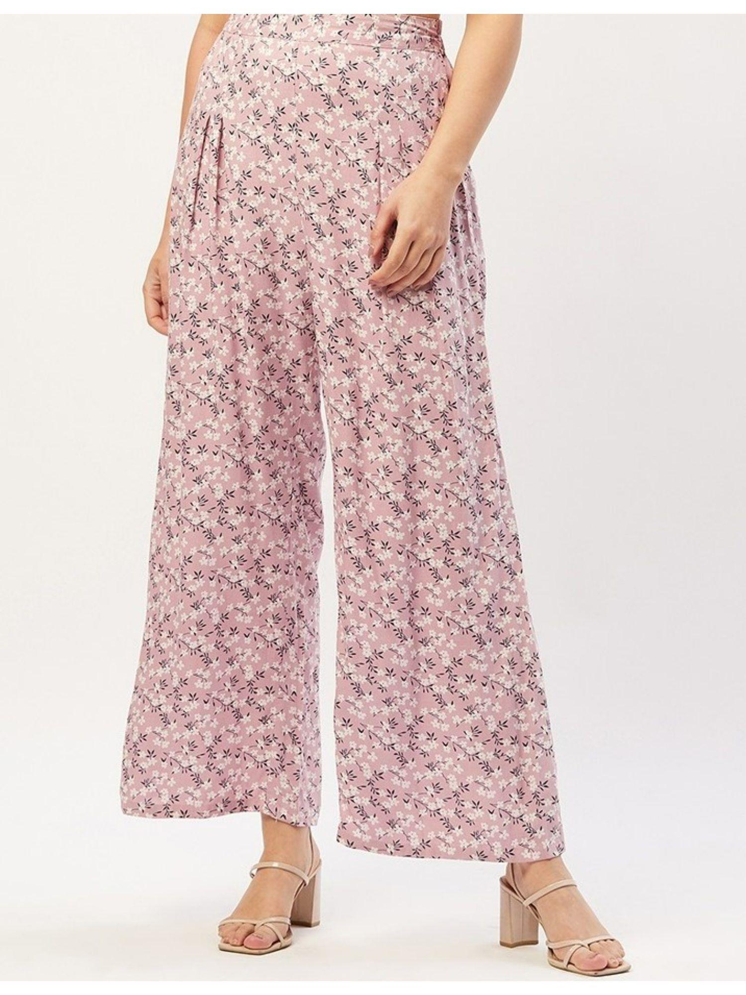 women pink & white floral printed palazzos