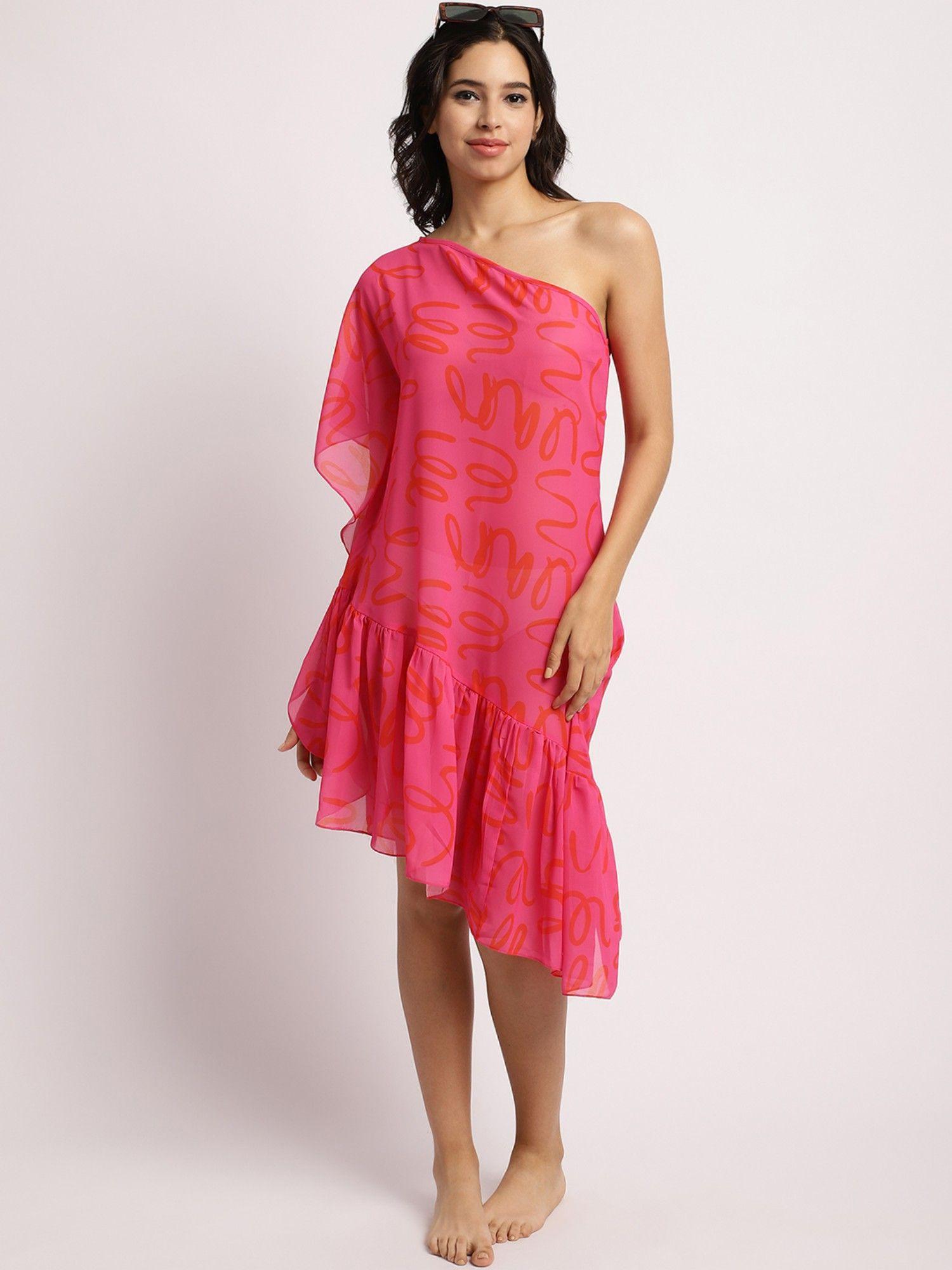 women pink abstract printed relaxed fit semi sheer swimwear cover up dress