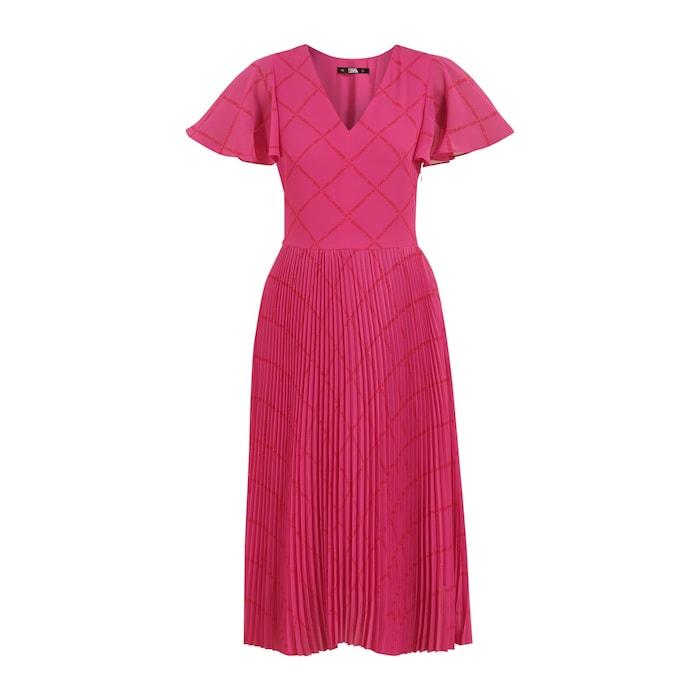 women pink all-over logo print pleated midi dress