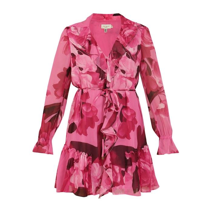 women pink all-over printed mini dress with metal-ball ruffles