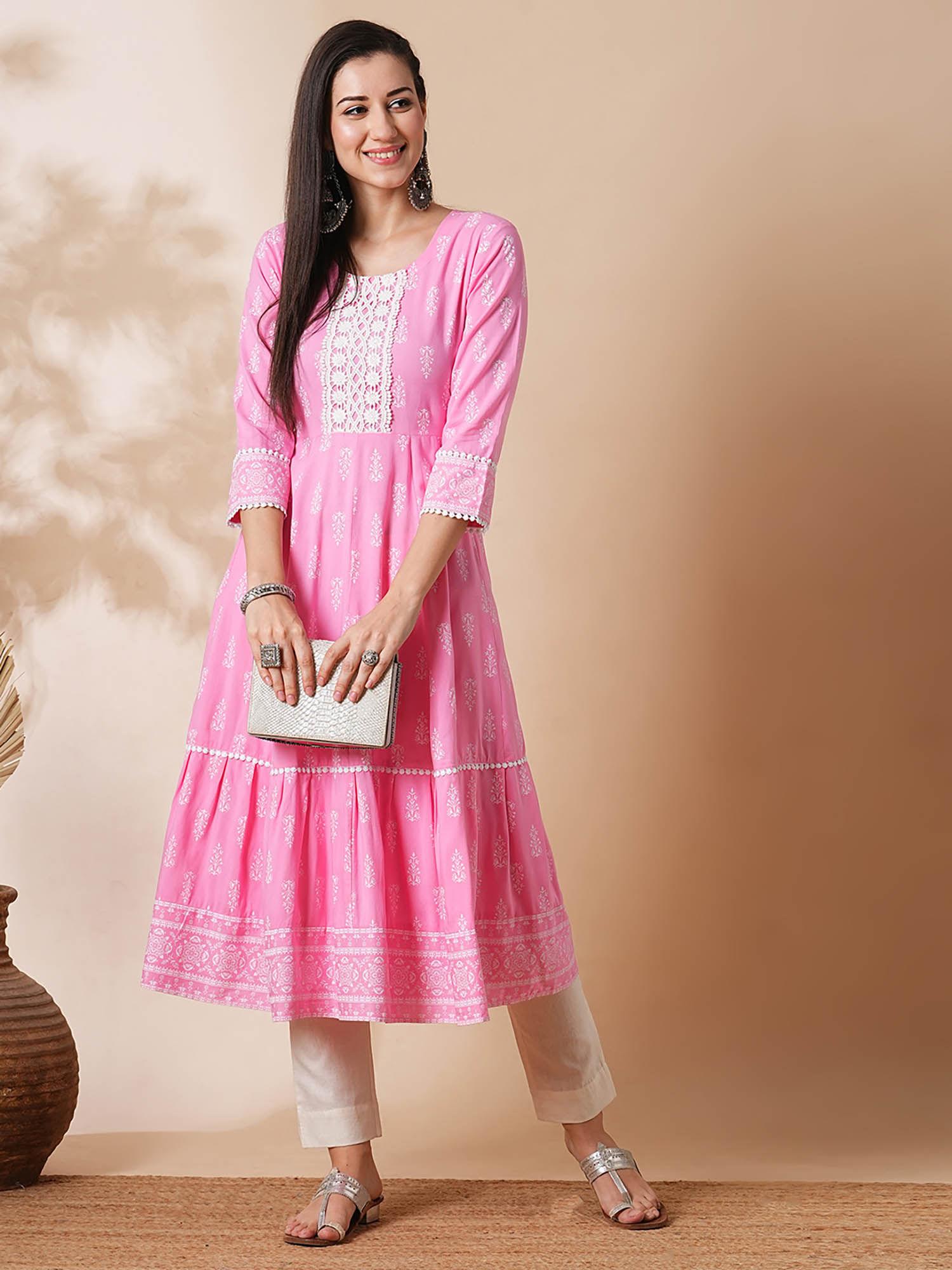 women pink allover printed lacework flared hem panelled a-line workwear kurta