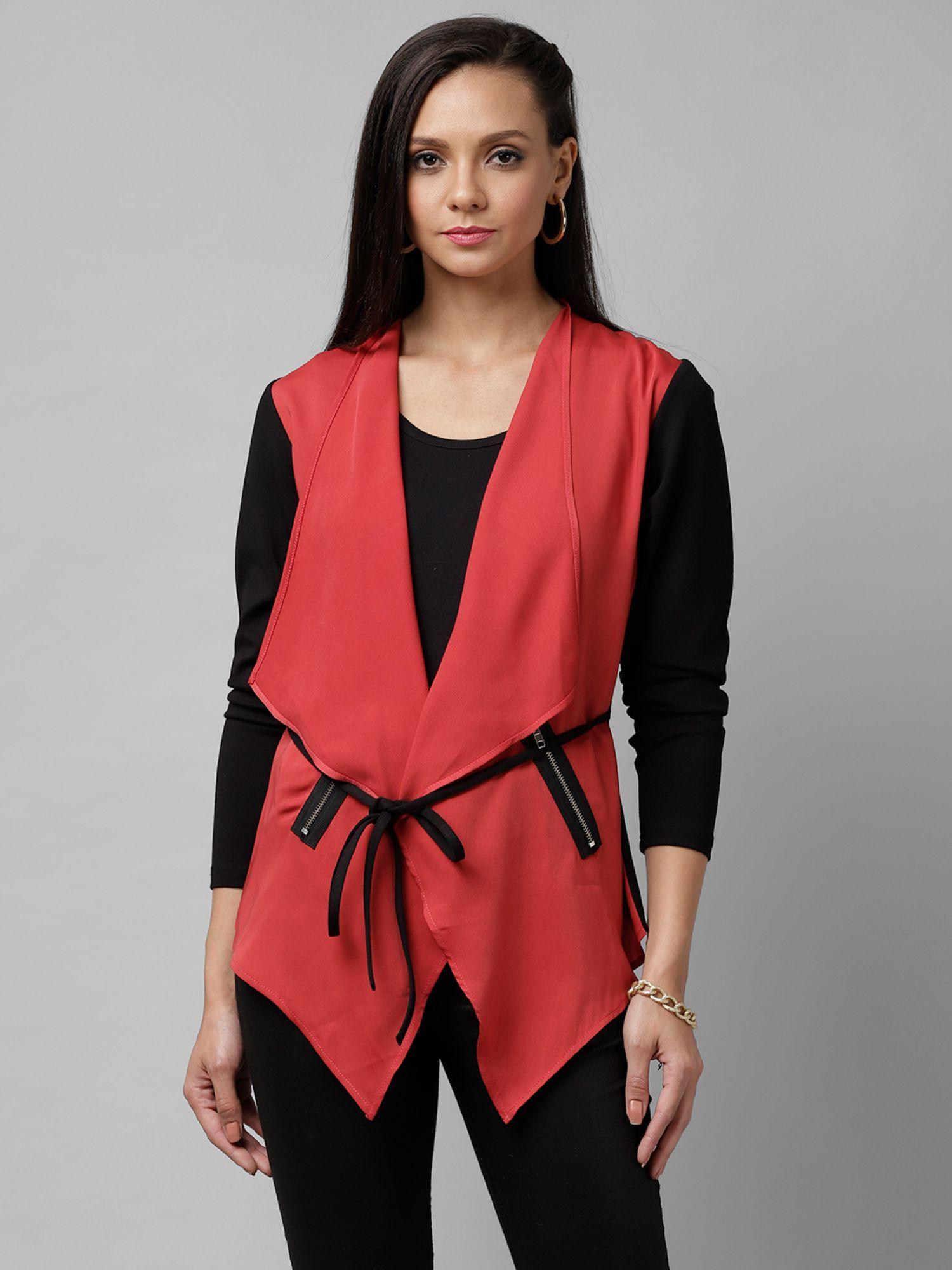 women pink and black solid open front shrug