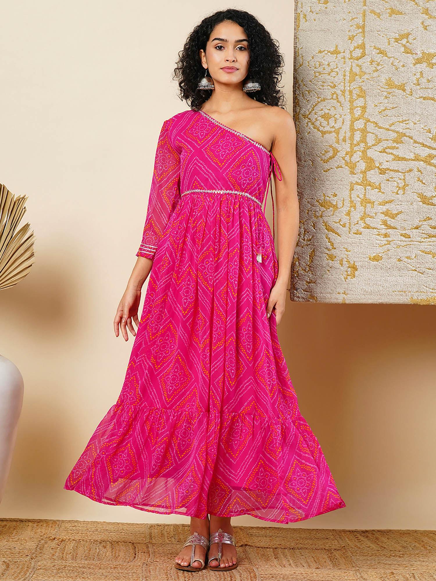 women pink bandhani printed one shoulder flared hem a-line maxi dress